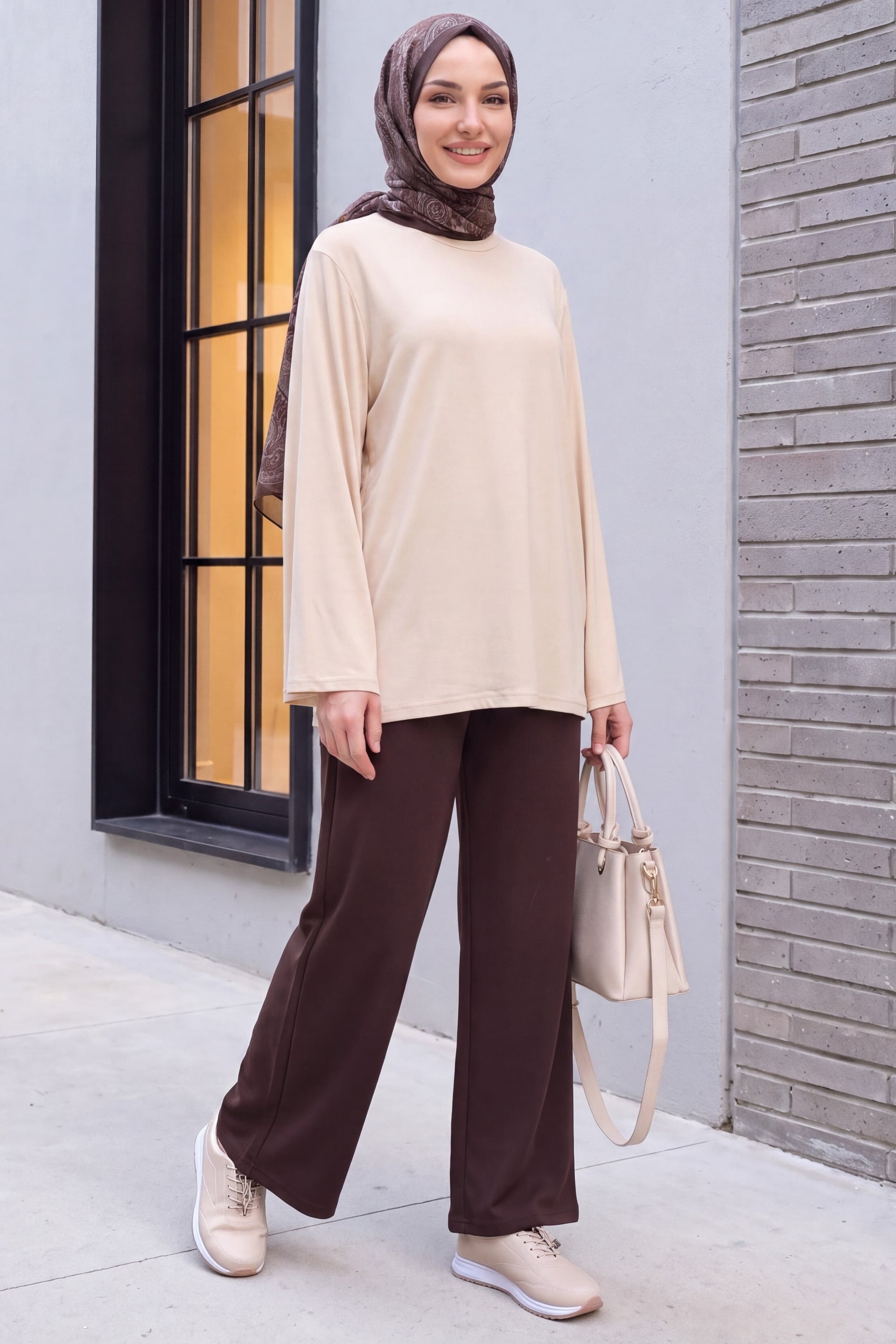 Crew Neck Spanish Sleeve Padded Shoulder Undershirt Blouse - Beige - Podyumplus - by Peralane - photo 3