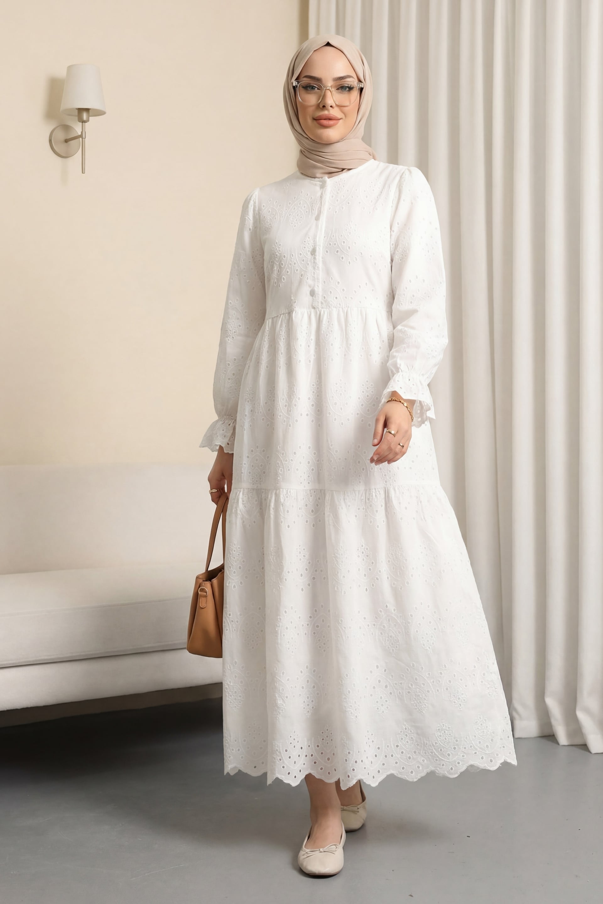Half Button Lace Detail Yoke Dress - White - Podyumplus - by Peralane - photo 5