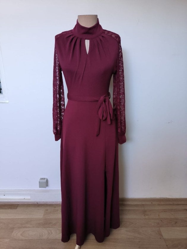 Women's Long Sleeve High Neck Keyhole Belted Side Slit Long Crepe Dress - Janes - by Peralane - photo 4