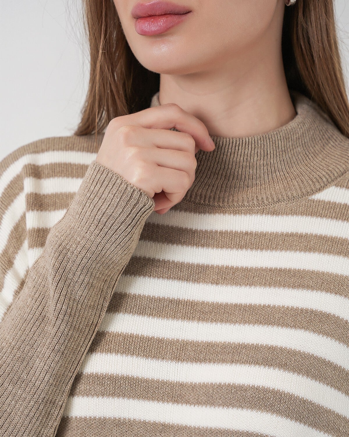 Oversize Poncho Knit Sweater with Side Slits - Brown and White Striped Tunic - Bigdart - by Peralane - photo 7
