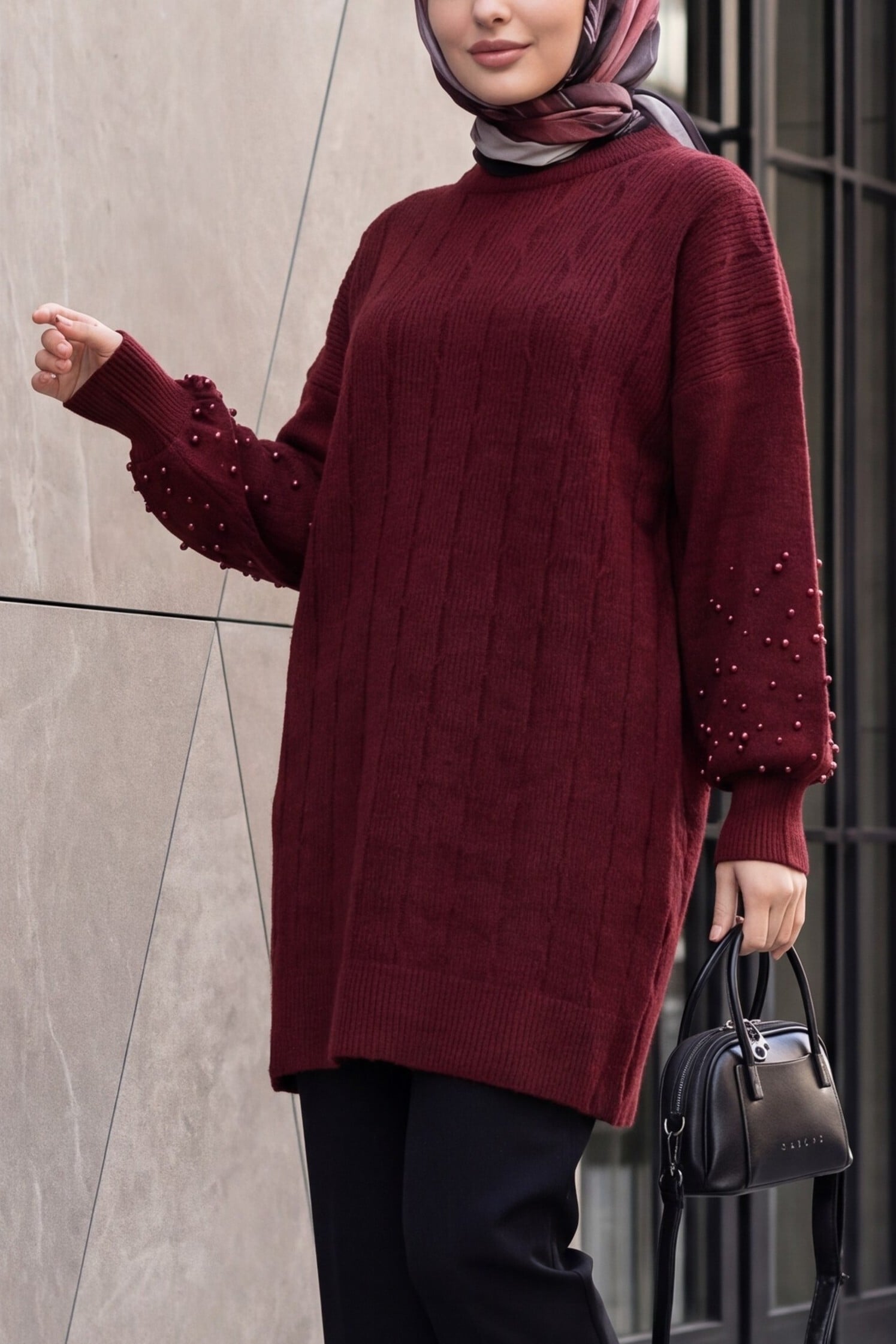 Pearl Detail Patterned Relaxed Knit Tunic - Bordeaux - Podyumplus - by Peralane