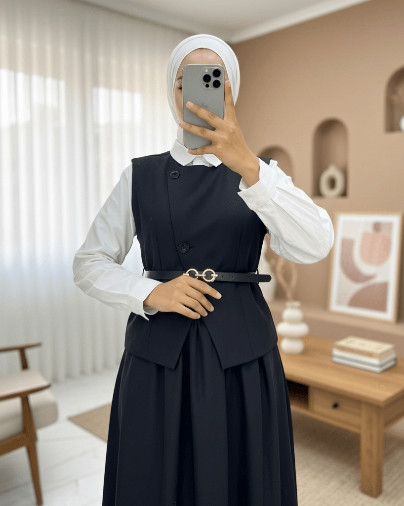 Cross Button Belted Vest and Skirt Set - Black - Podyumplus - by Peralane - photo 2