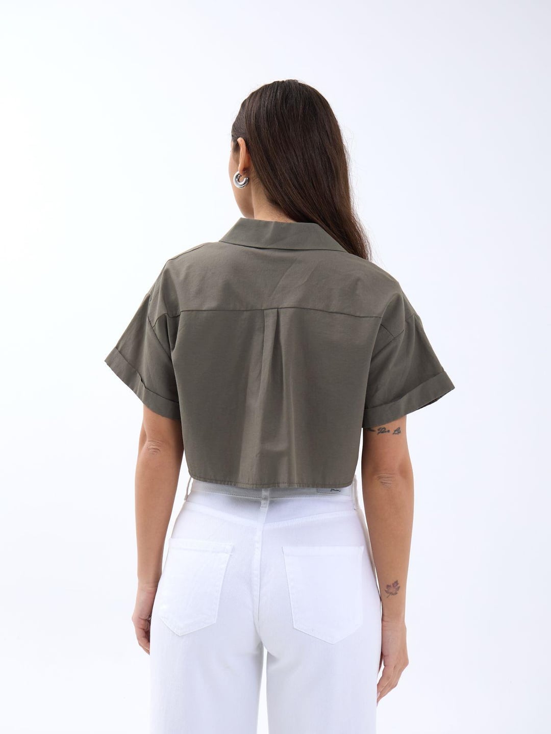 Olive Green Cropped Blouse with Collar - Fame - by Peralane - photo 5
