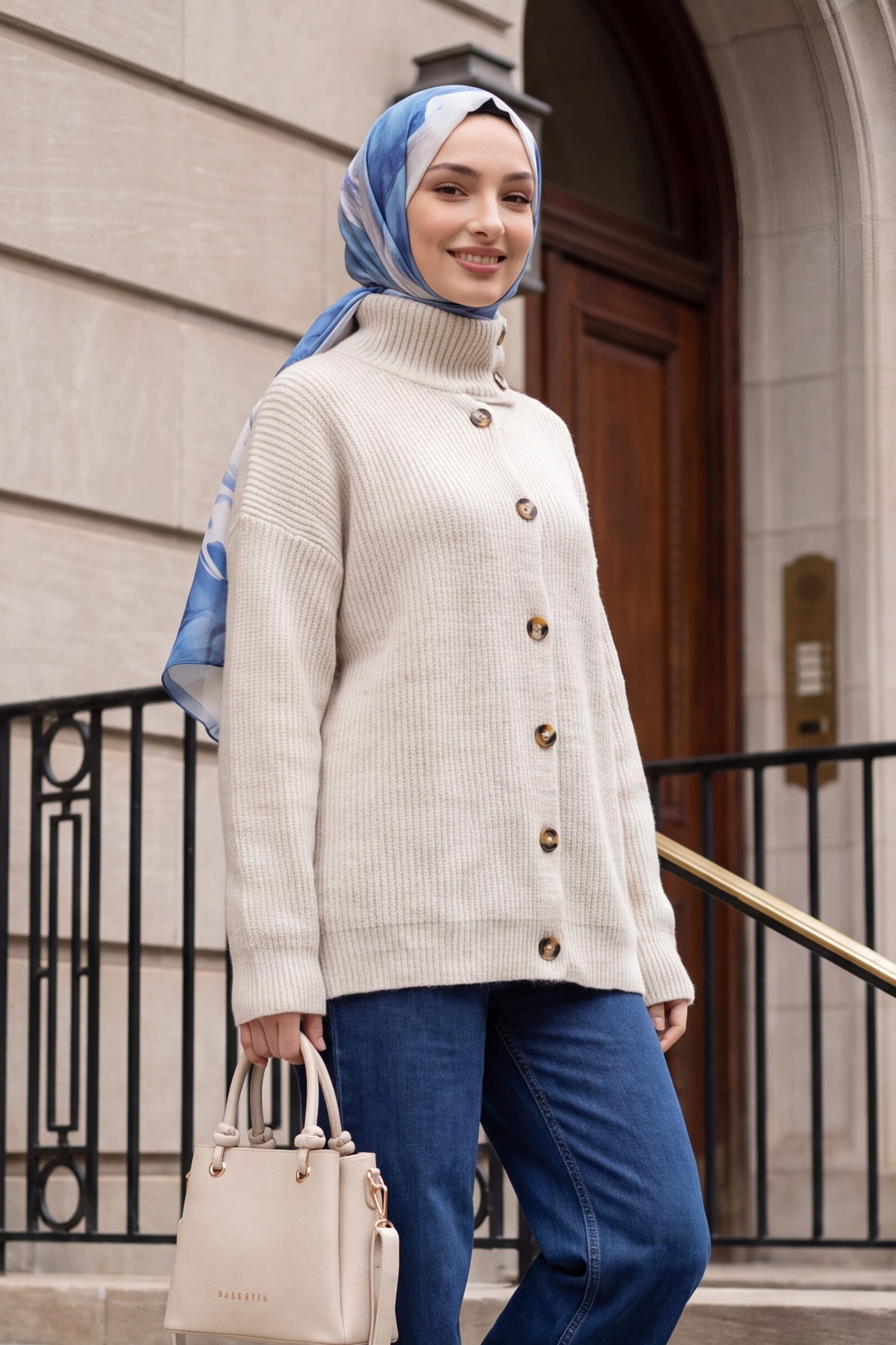 Half-Turtleneck Button-Front Relaxed Knit Cardigan - Stone - Podyumplus - by Peralane - photo 5