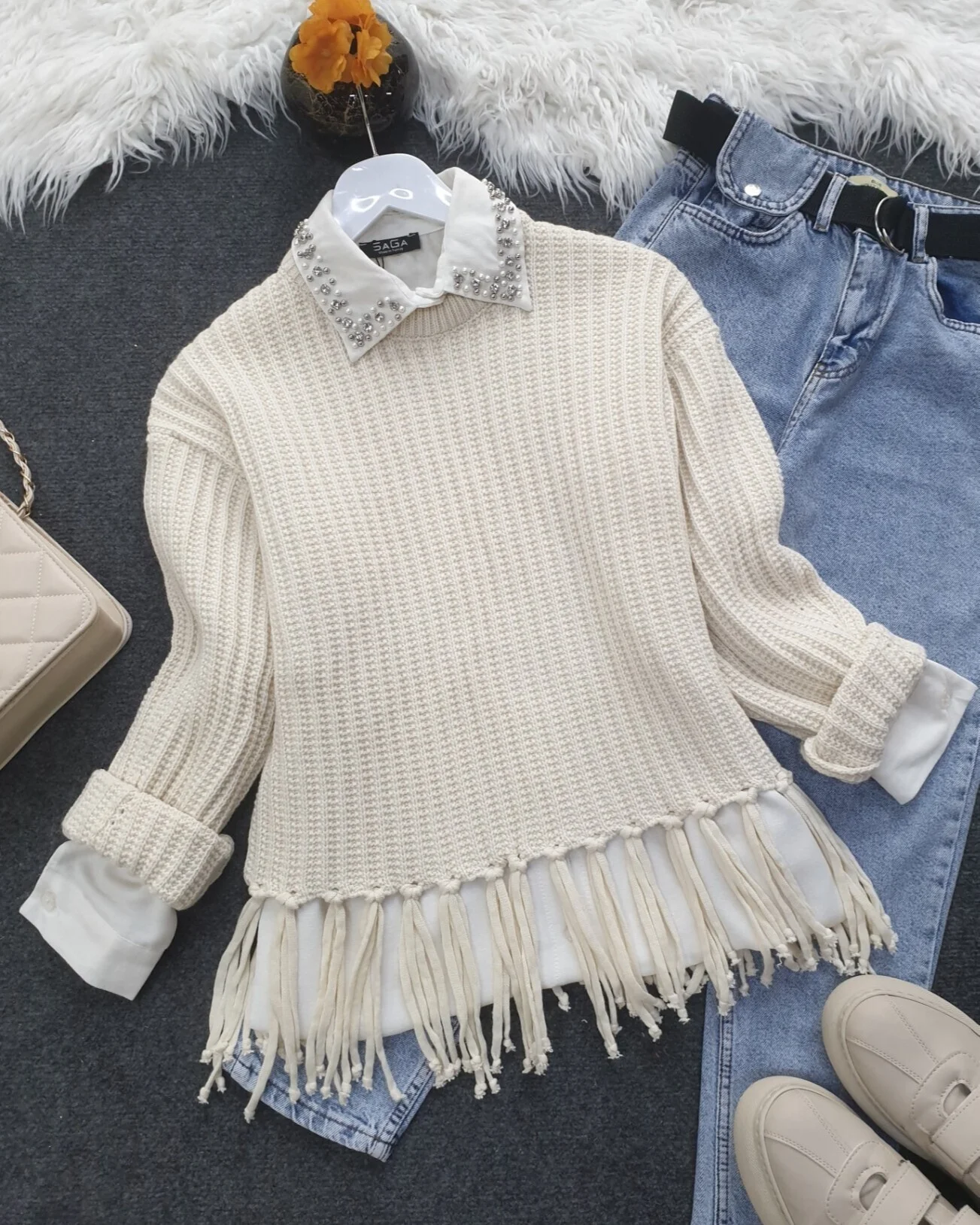 Fringe Hem Chunky Knit Tunic Sweater - Stone - Podyumplus - by Peralane - photo 3