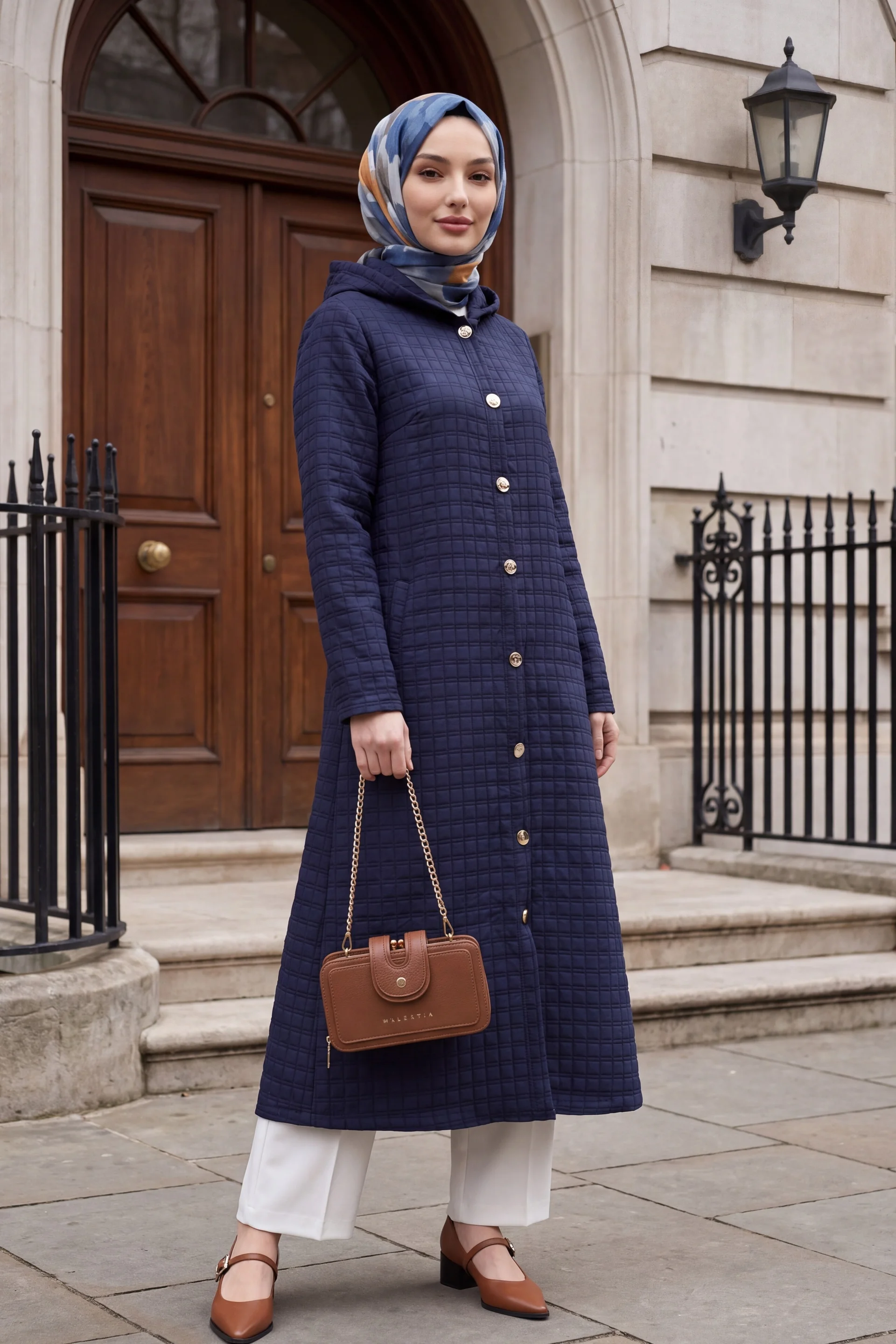 Long Quilted Coat with Chain Detail - Navy - Podyumplus - by Peralane