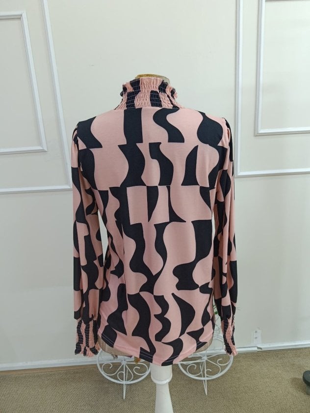Women's Long-Sleeved Pink Abstract Print Smocked Neck Blouse - Janes - by Peralane - photo 7