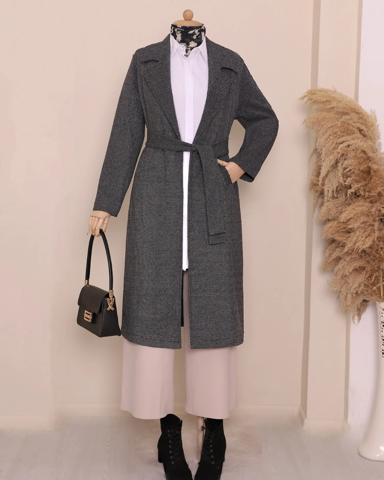Women's Grey Shawl Collar Belted Fleece Coat - Podyumplus - by Peralane - photo 2