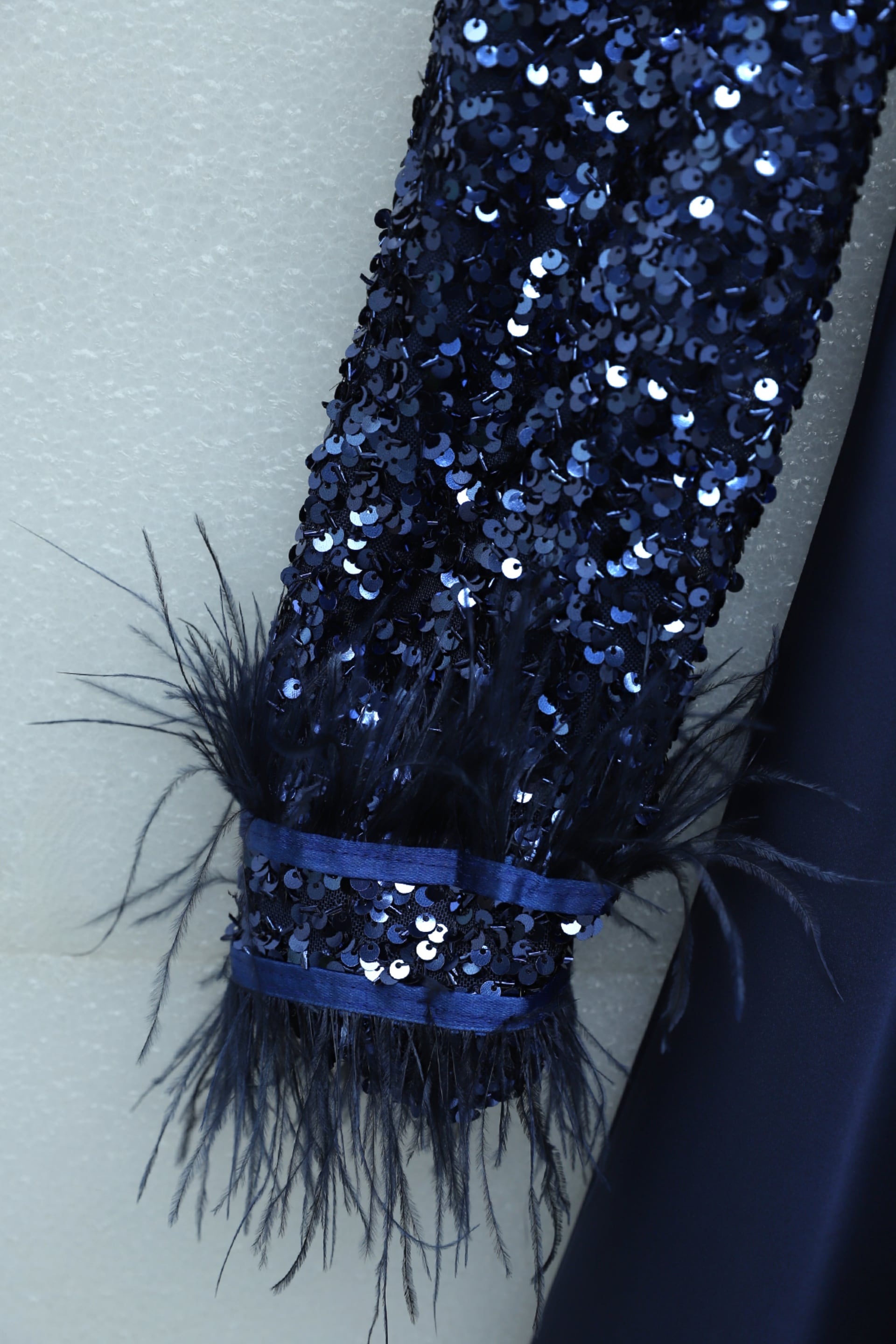 Navy Sequin Bodice Feather Sleeve Satin Evening Dress - Podyumplus - by Peralane - photo 5