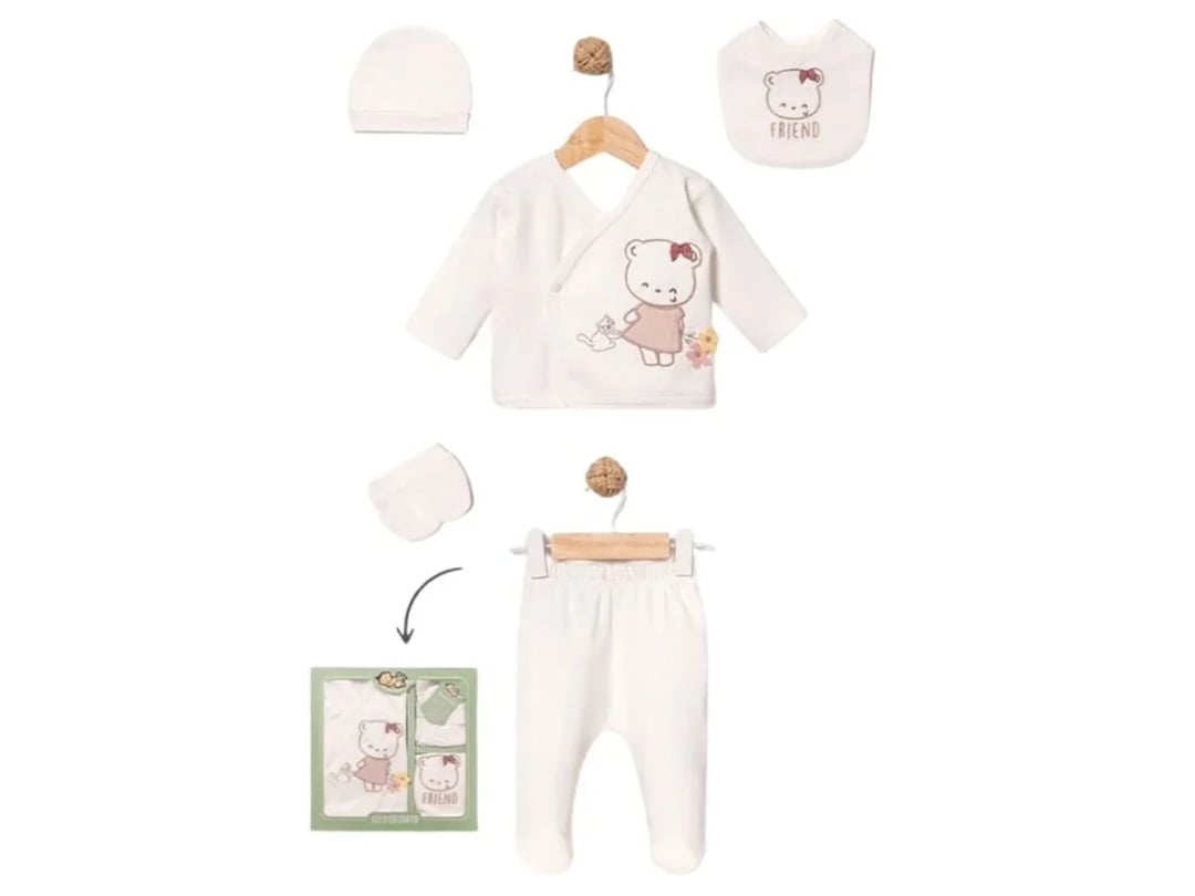 Teddy Bear Print 4-Piece Newborn Hospital Exit Set - Powder - Baby Zuhu - by Peralane
