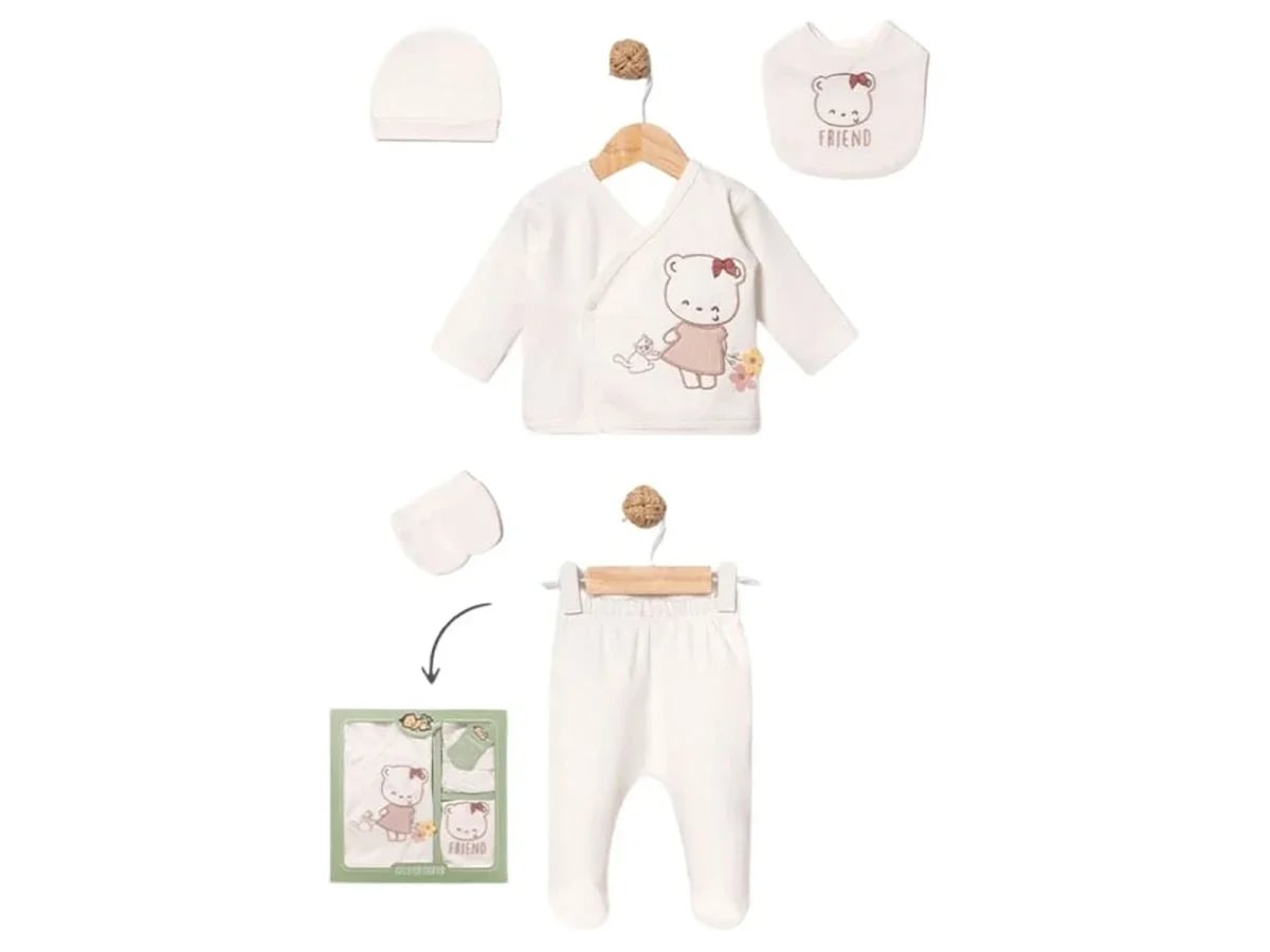 Teddy Bear Print 4-Piece Newborn Hospital Exit Set - Powder - Baby Zuhu - by Peralane
