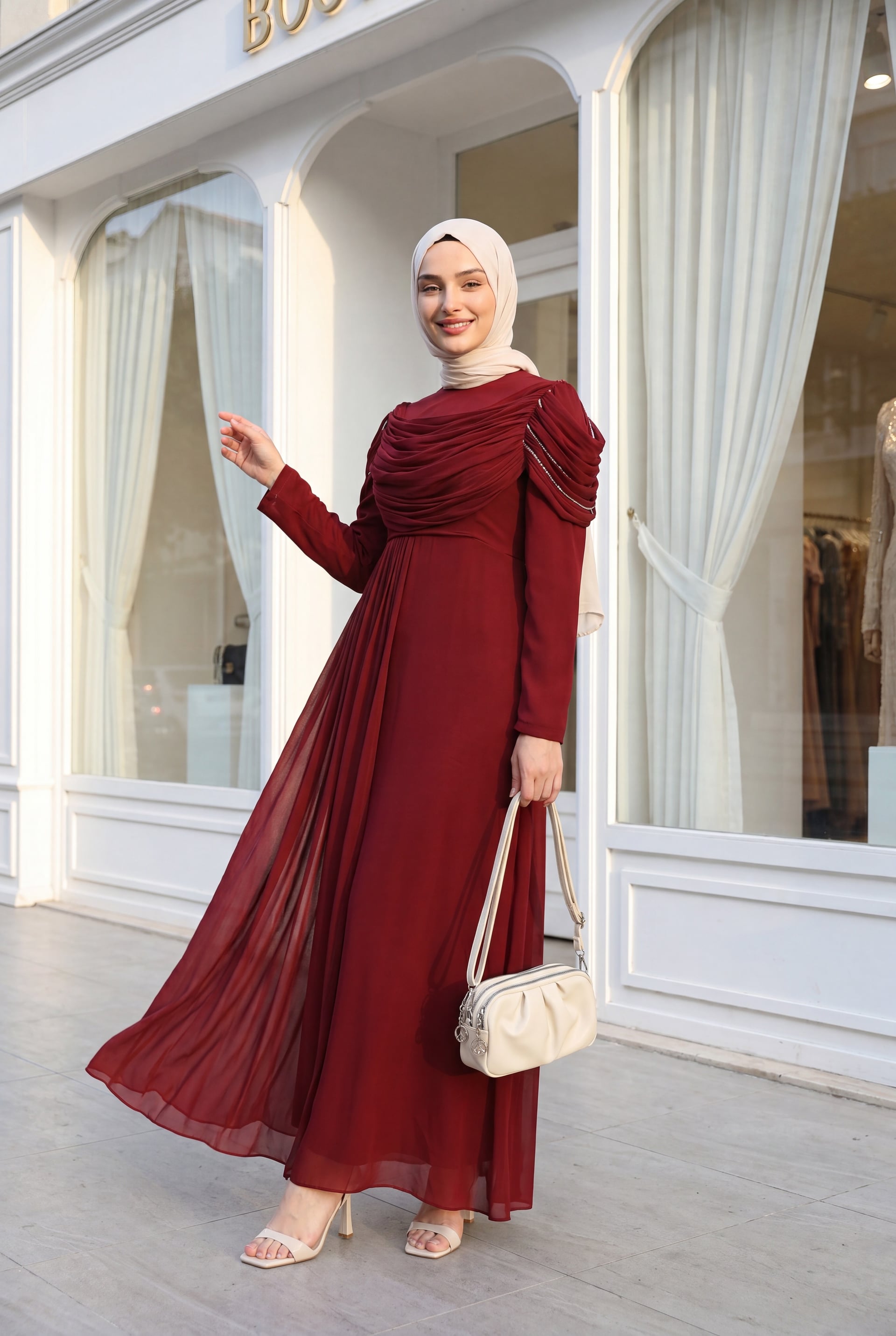 Burgundy Satin Evening Dress with Stone-Embellished Shoulders and Pleated Detail - Podyumplus - by Peralane