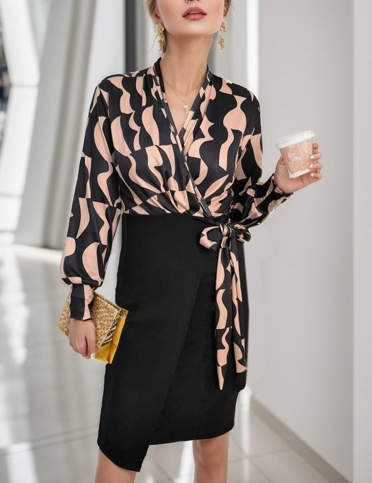 Women's Long Sleeve Wrap Dress with Digital Print and Bow Detail - Janes - by Peralane - photo 8
