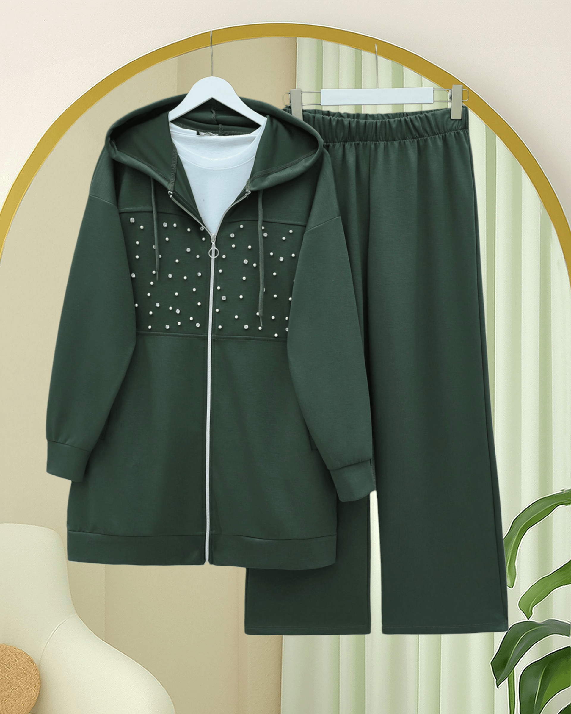 Hooded Zip-Front Pearl and Stone Detail Oyhso Tracksuit - Khaki - Podyumplus - by Peralane - photo 3