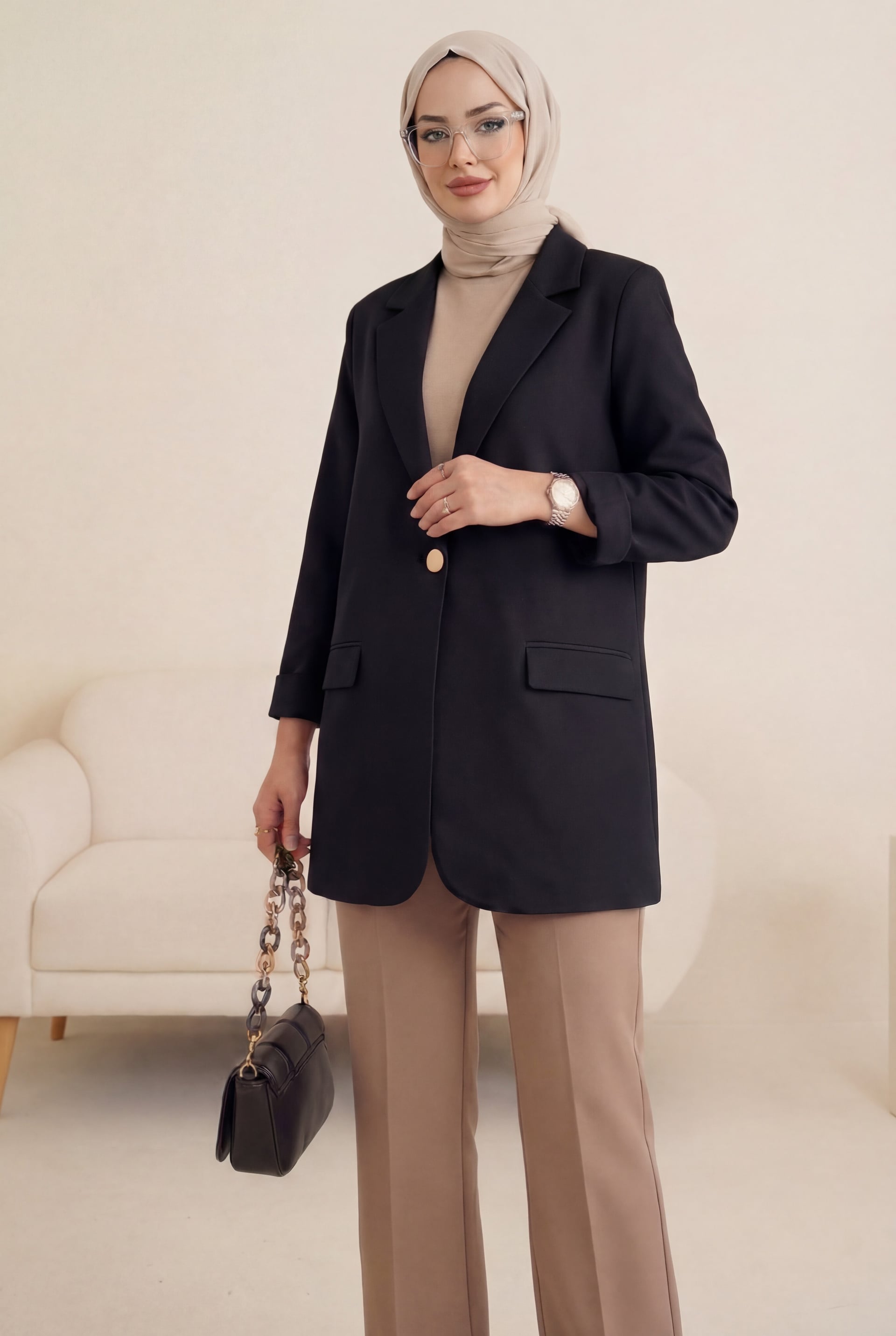 Black Single-Breasted Blazer with Flap Pockets - Podyumplus - by Peralane - photo 7