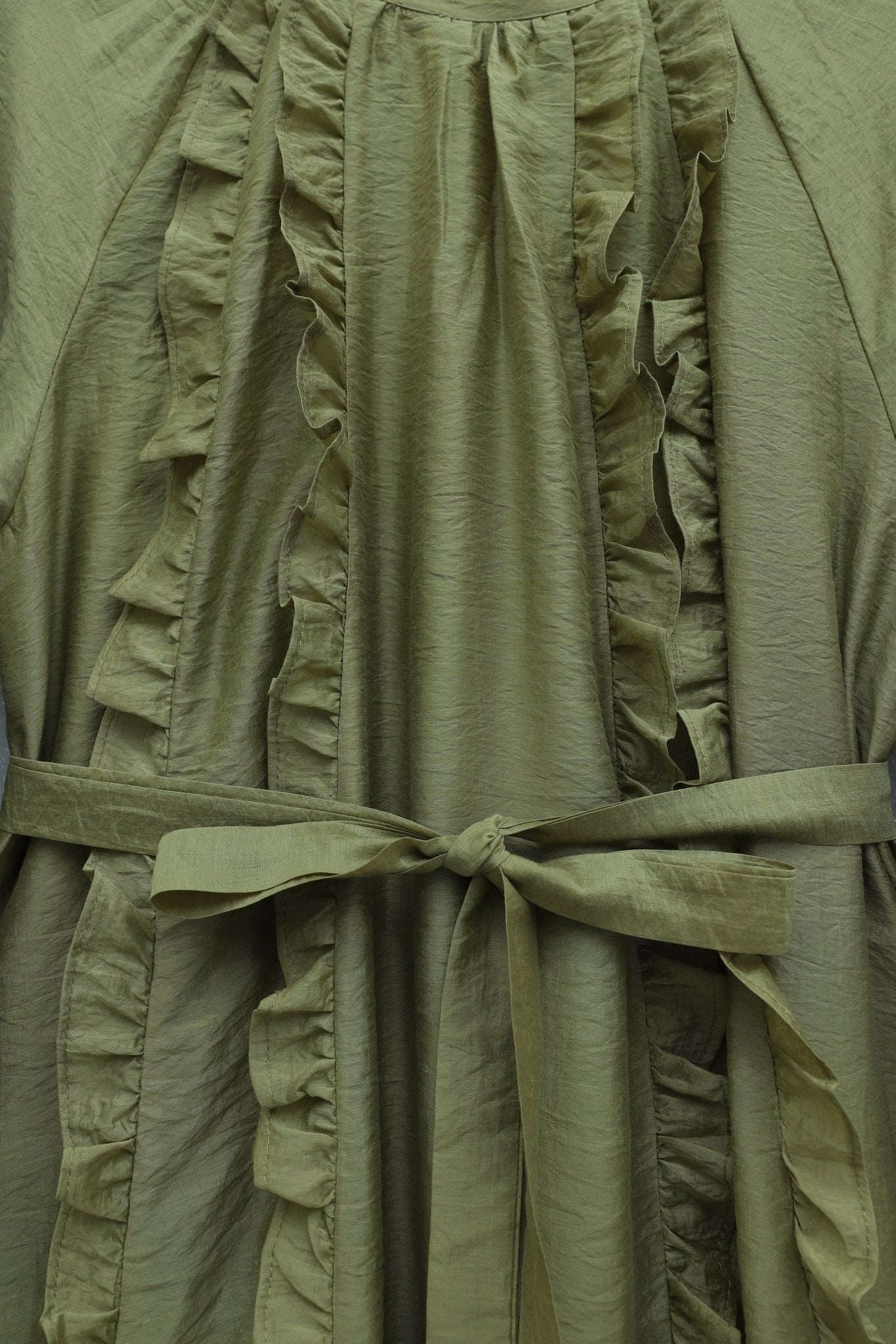 Olive Green Ruffle Front Belted Long Sleeve Dress - Podyumplus - by Peralane - photo 3