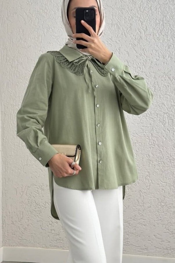 Sage Green Long Back Buttoned Modest Blouse with Scalloped Collar - Podyumplus - by Peralane - photo 5