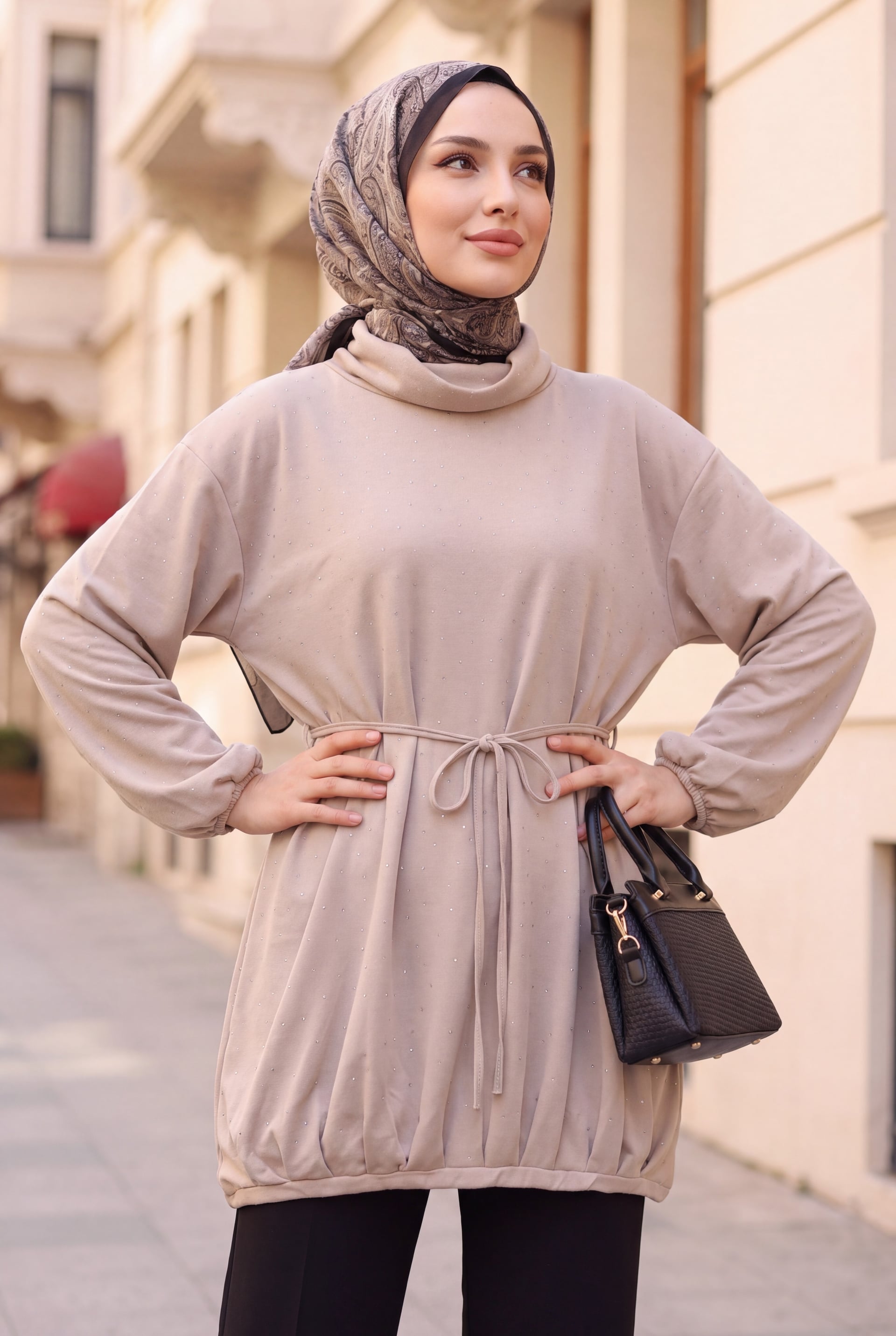 Half-Neck Drawstring Waist Sweatshirt Tunic - Light Beige - Podyumplus - by Peralane