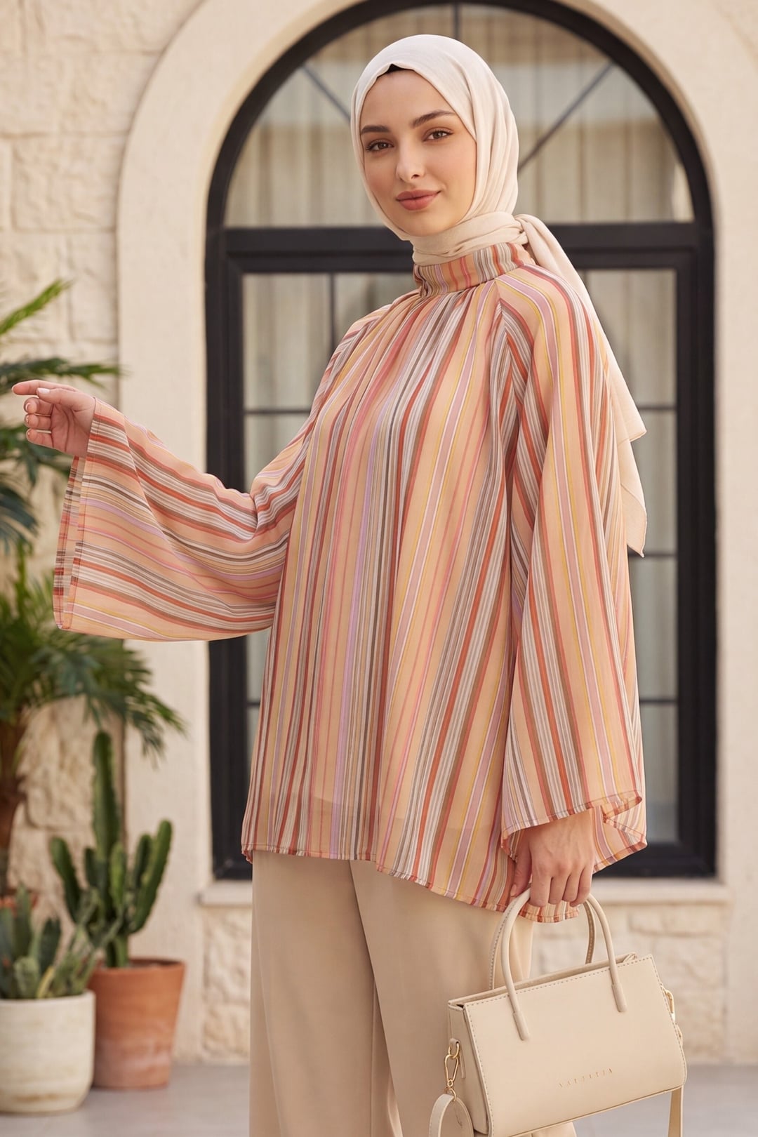Striped Lined Oversize Voile Tunic with Mandarin Collar - Salmon - Podyumplus - by Peralane - photo 2