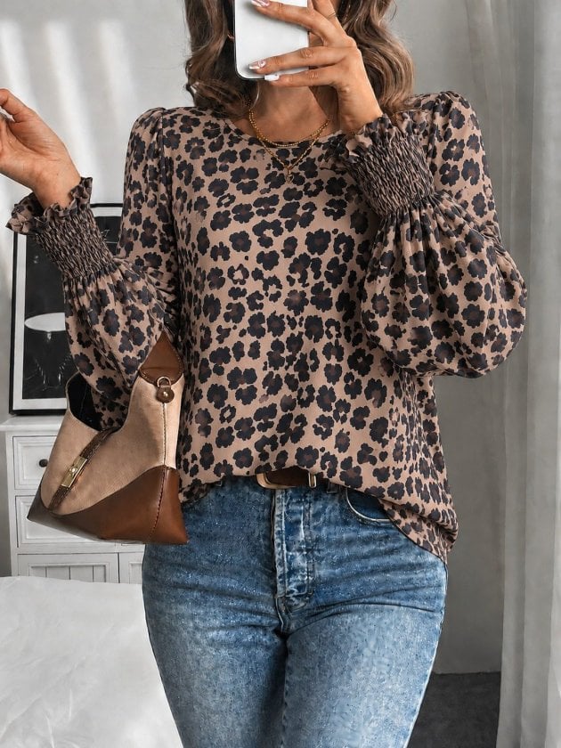 Women's Long Sleeve Round Neck Leopard Print Suprem Blouse - Janes - by Peralane