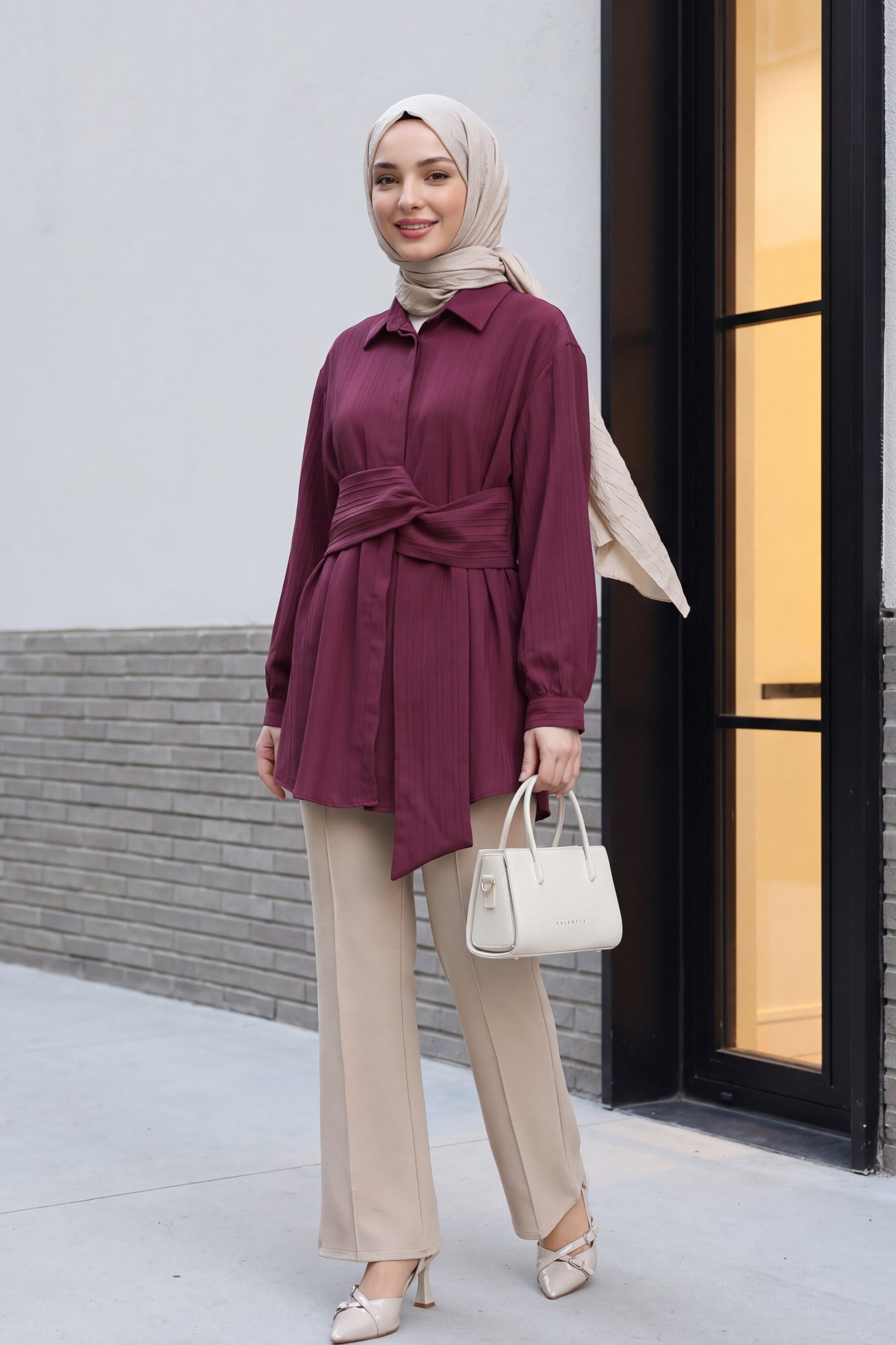 Burgundy Tie-Belt Crinkle Tunic with Ribbed Texture - Podyumplus - by Peralane - photo 2