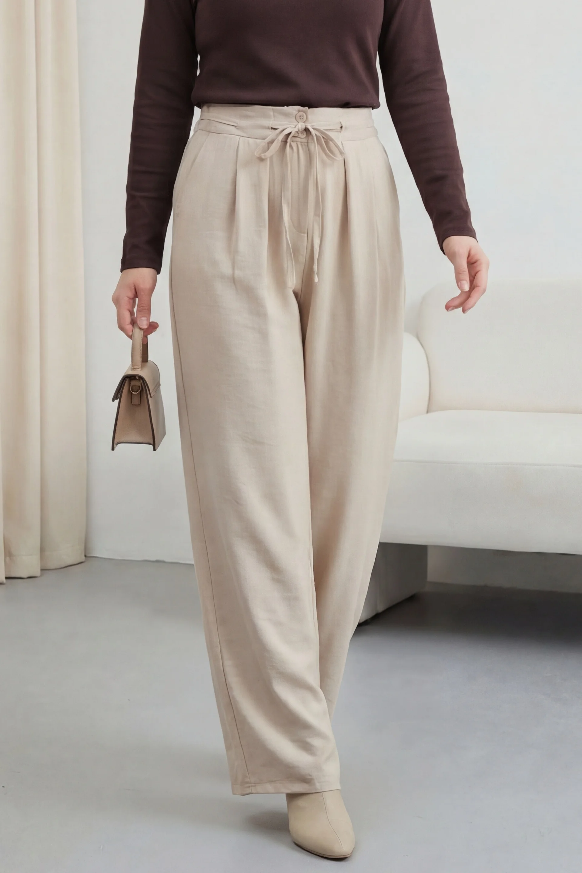 High Waist Drawstring Trousers with Double Button Detail - Stone - Podyumplus - by Peralane