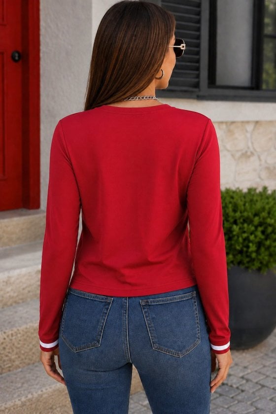 Women's Long-Sleeved V-Neck Knit Blouse in Red with White Stripe Cuffs - Janes - by Peralane - photo 3