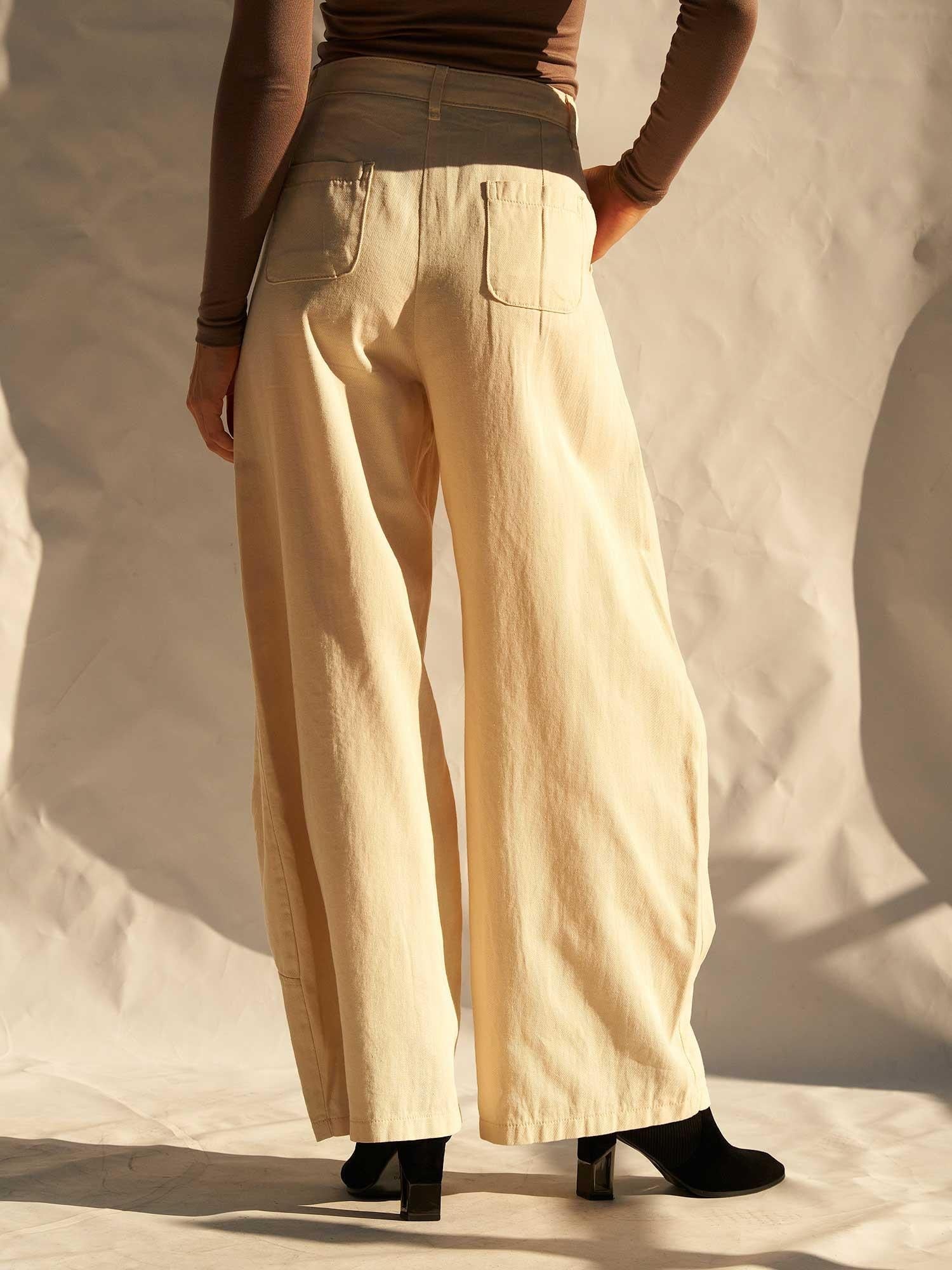 Women's High-Waist Wide-Leg Cotton Twill Trousers – Cream - Lefon - by Peralane - photo 8