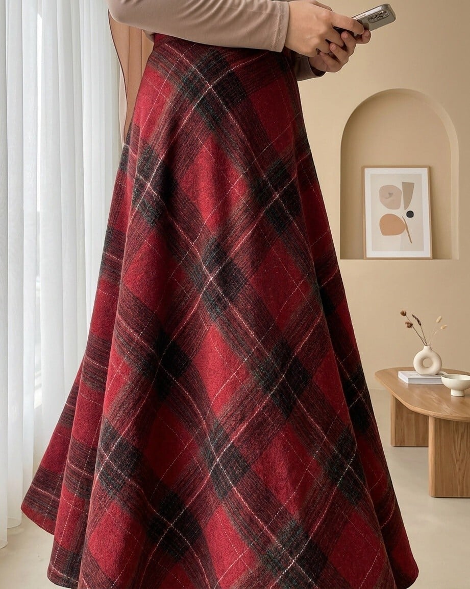 Plaid Wool Blend A-Line Skirt with Side Zipper - Burgundy - Podyumplus - by Peralane - photo 5