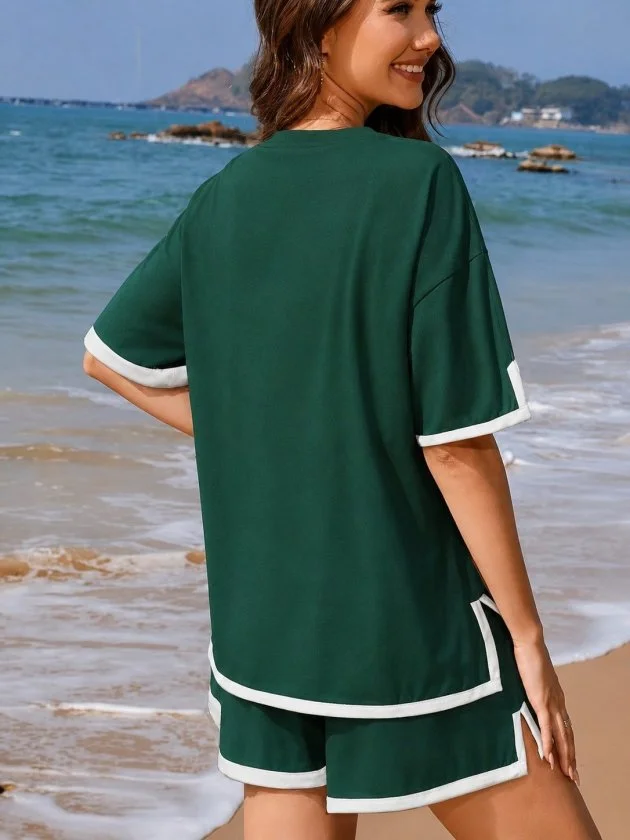 Women's Short-Sleeve Crew Neck Striped Detail Viscose Two-Thread Blouse and Shorts Two-Piece Set - Janes - by Peralane - photo 3