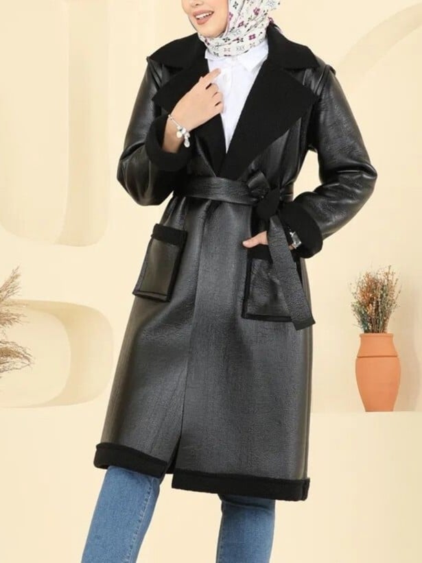 Black Faux Leather Belted Coat with Faux Fur Lining - Podyumplus - by Peralane - photo 3