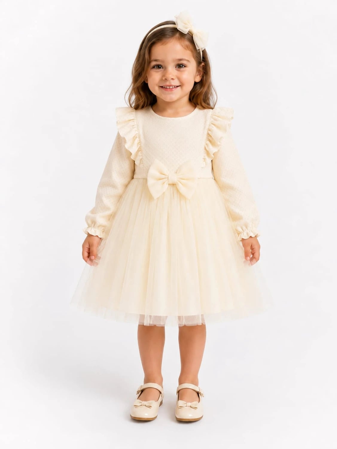 Ruffled Tulle Baby Dress with Satin Bow - Beige - Serkon Baby - by Peralane