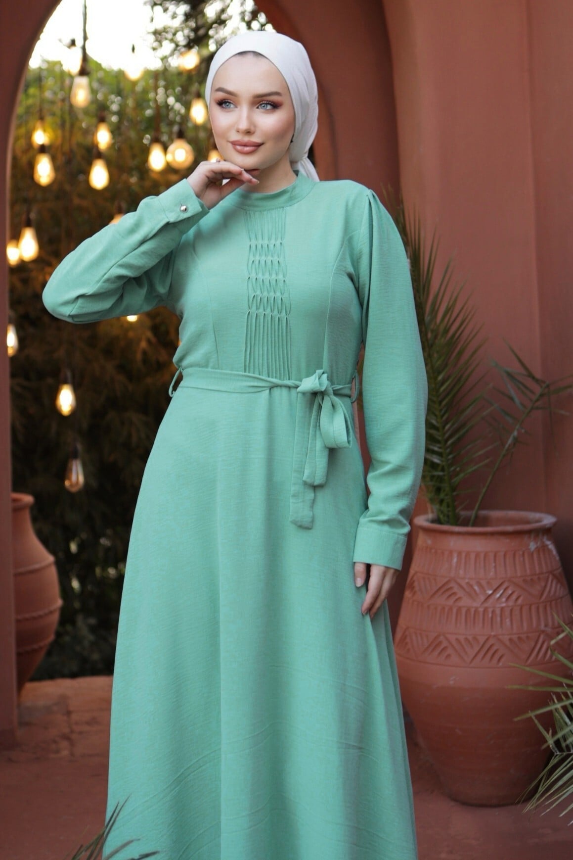 Pleated Tie-Belt Ayrobin Dress with Long Sleeves - Light Green - Podyumplus - by Peralane - photo 4