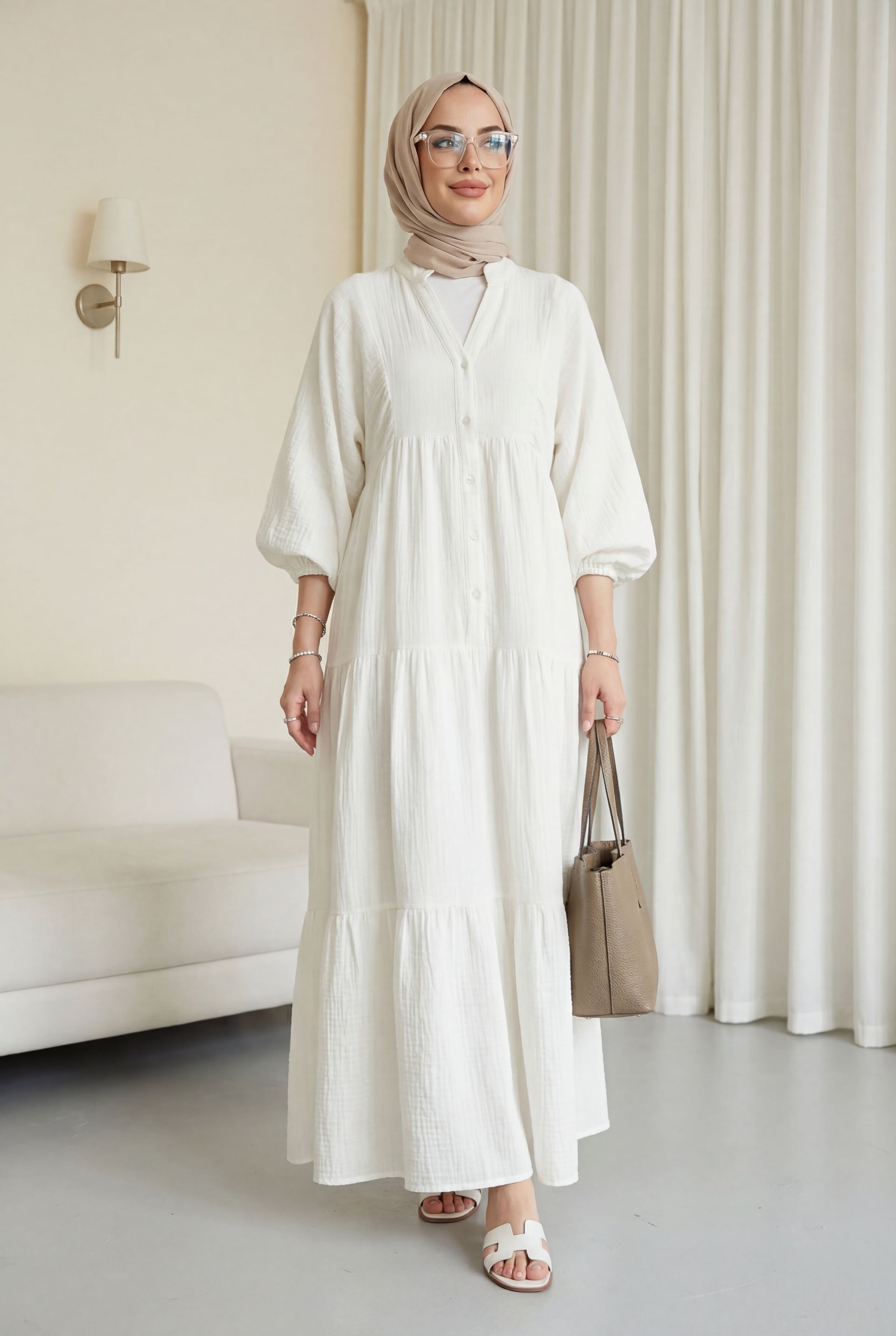 V-Neck Half-Button Long-Sleeve Tiered Muslin Maxi Dress - White - Podyumplus - by Peralane - photo 3