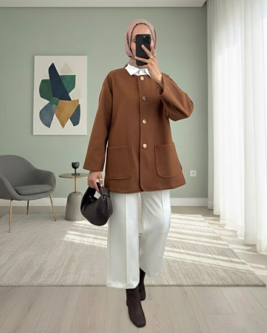 Double Pocket Button-Front Coat - Light Brown - Podyumplus - by Peralane - photo 2