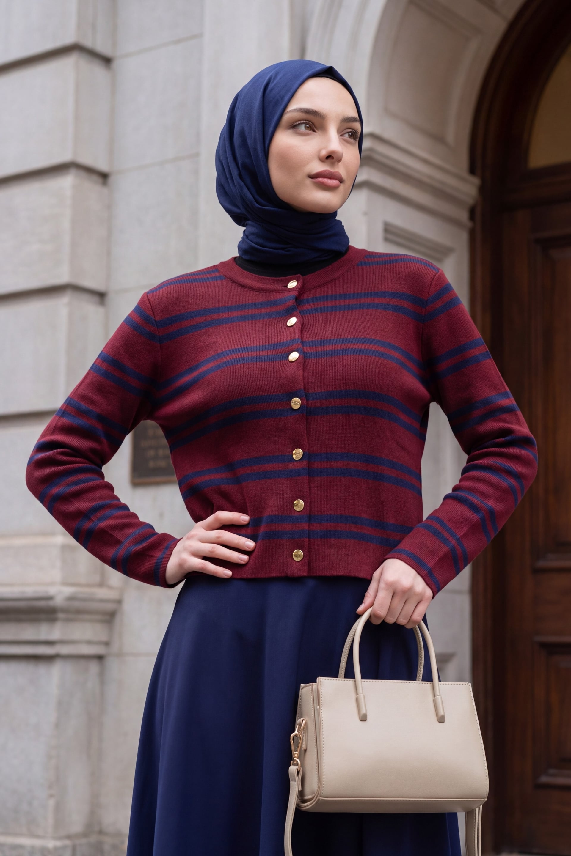 Striped Knit Cardigan with Shiny Buttons - Burgundy - Podyumplus - by Peralane - photo 2