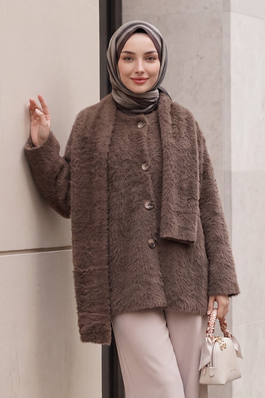 Shawl Collar Button Front Fuzzy Knit Cardigan - Brown - Podyumplus - by Peralane - photo 4