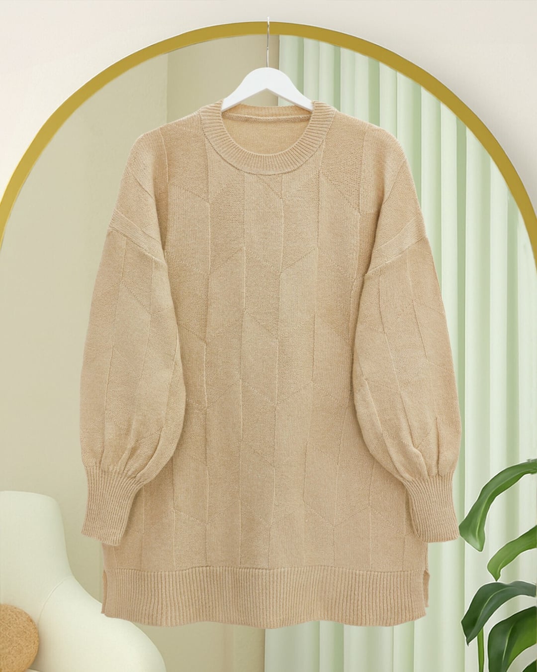 Round Neck Oversized Patterned Knit Tunic - Light Beige - Podyumplus - by Peralane - photo 3
