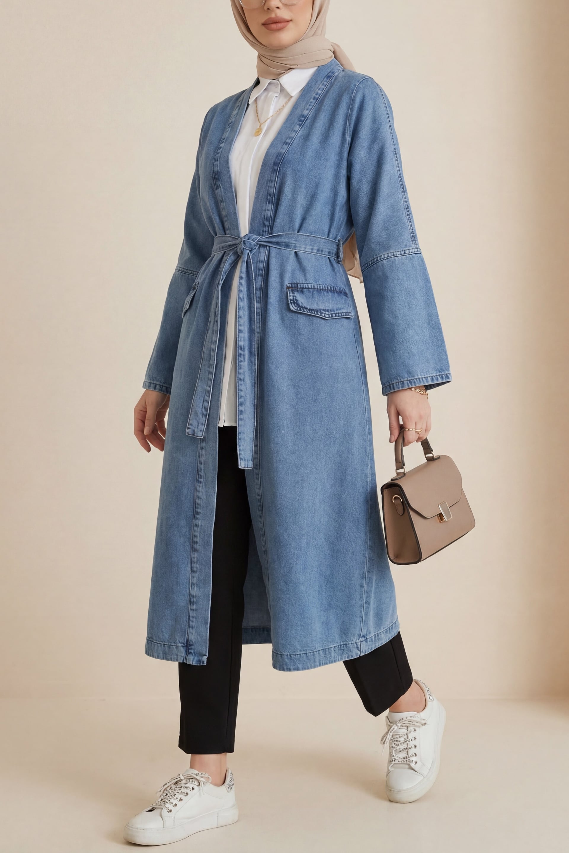Pocket Detail Tie Waist Denim Duster Coat - Ice Blue - Podyumplus - by Peralane - photo 3