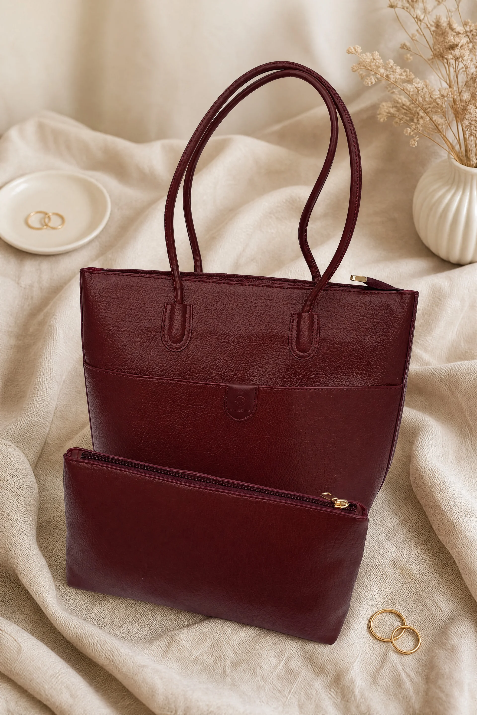 Women's Burgundy Faux Leather Tote Bag with Matching Makeup Pouch - Podyumplus - by Peralane