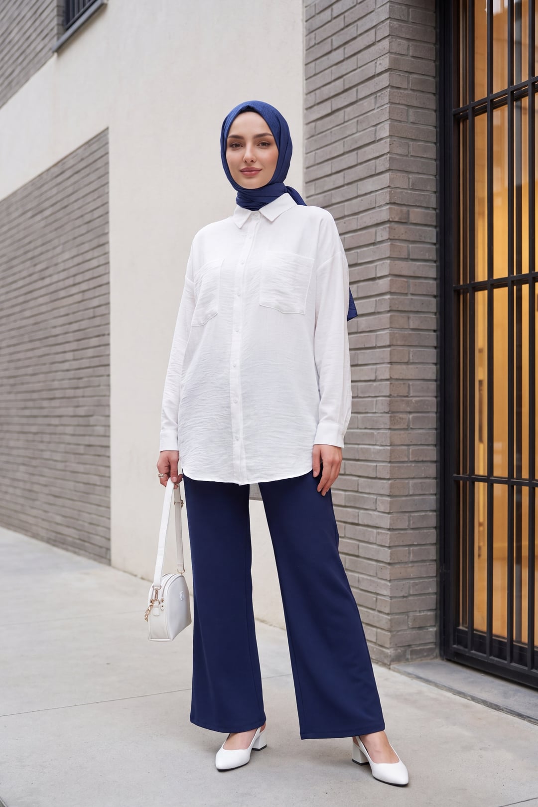 Single Pocket Buttoned Linen-Look Blouse - White - Podyumplus - by Peralane - photo 2