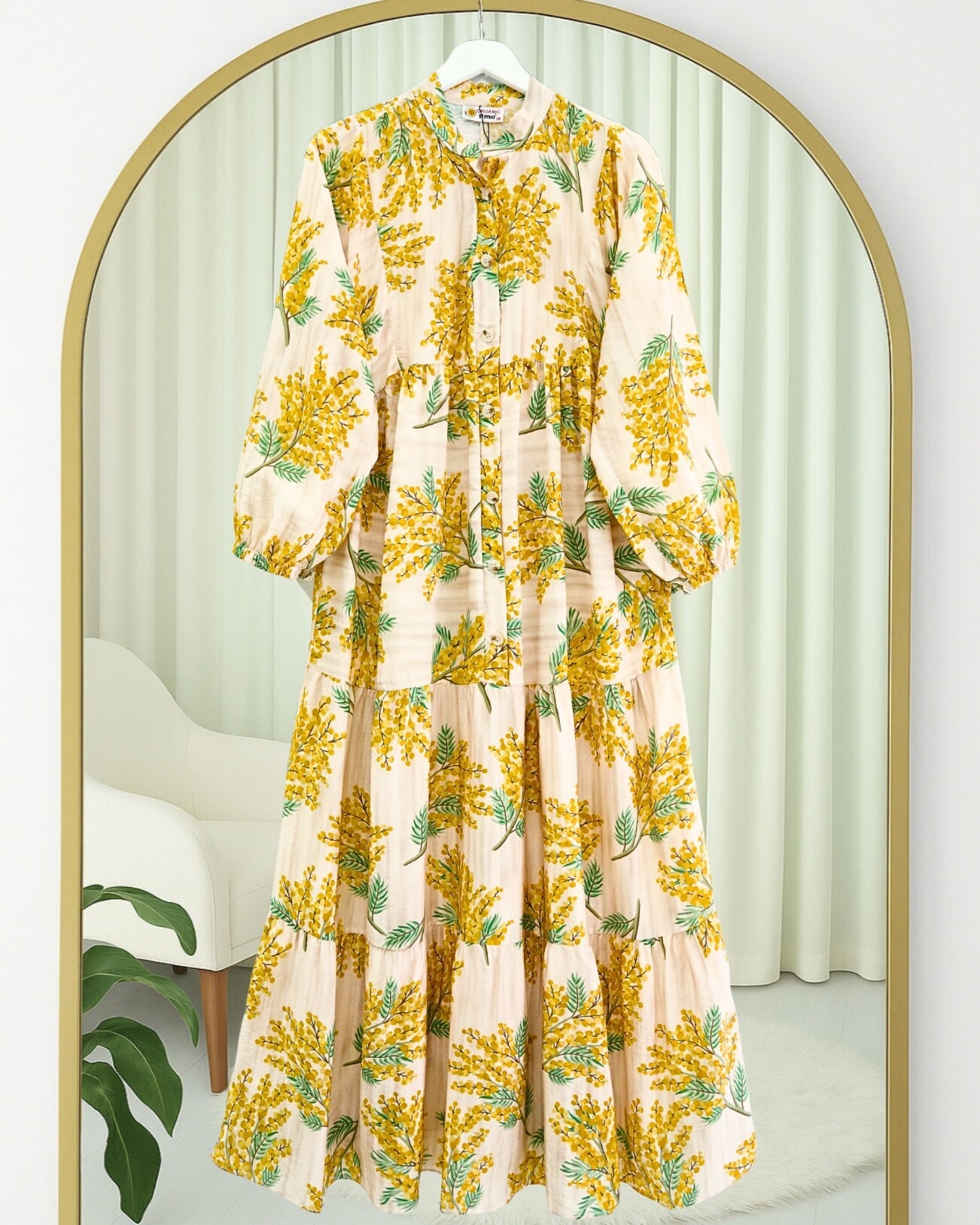 Patterned Modal Dress with Elasticated Sleeves and Half Button Closure - Mustard - Podyumplus - by Peralane - photo 3