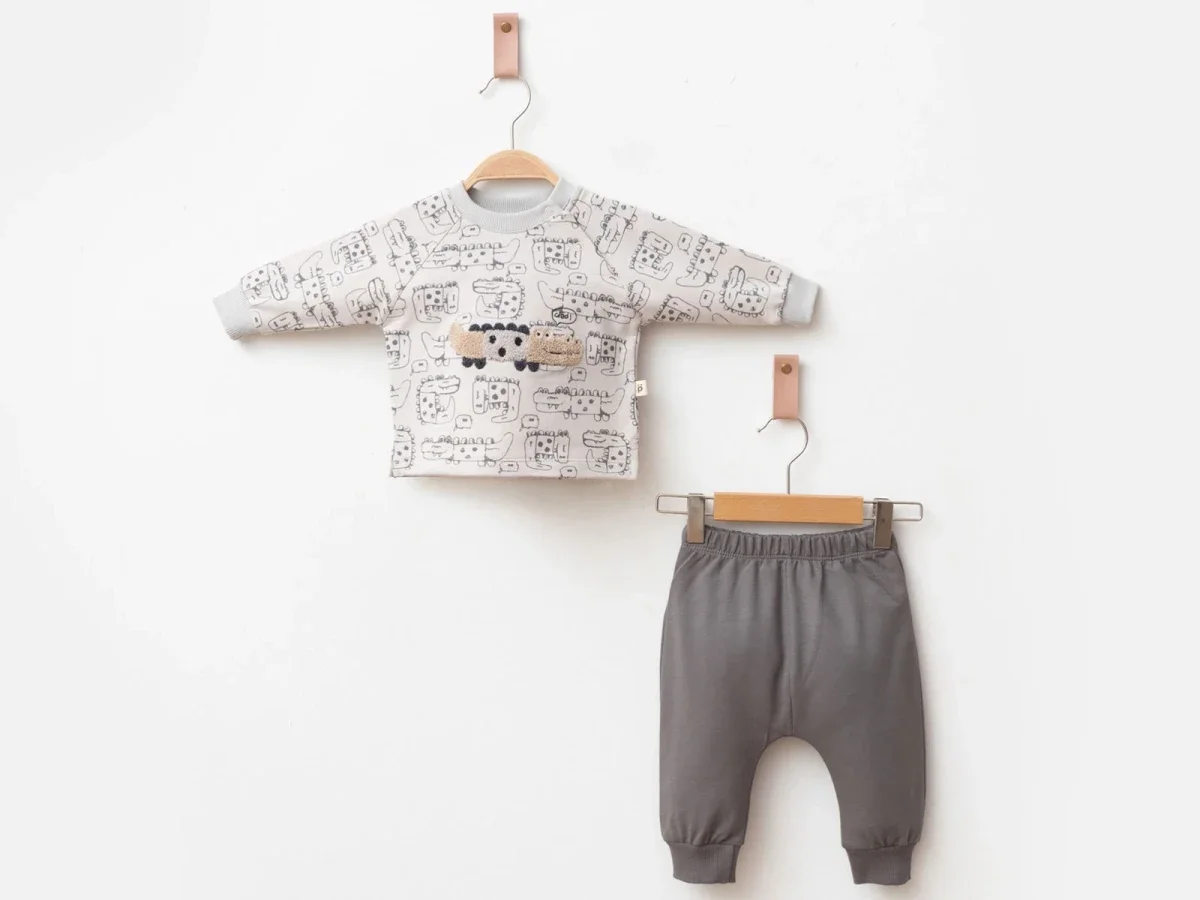 Boys' 3-Piece Baby Set with Crocodile Print Top and Trousers - Pookie - by Peralane