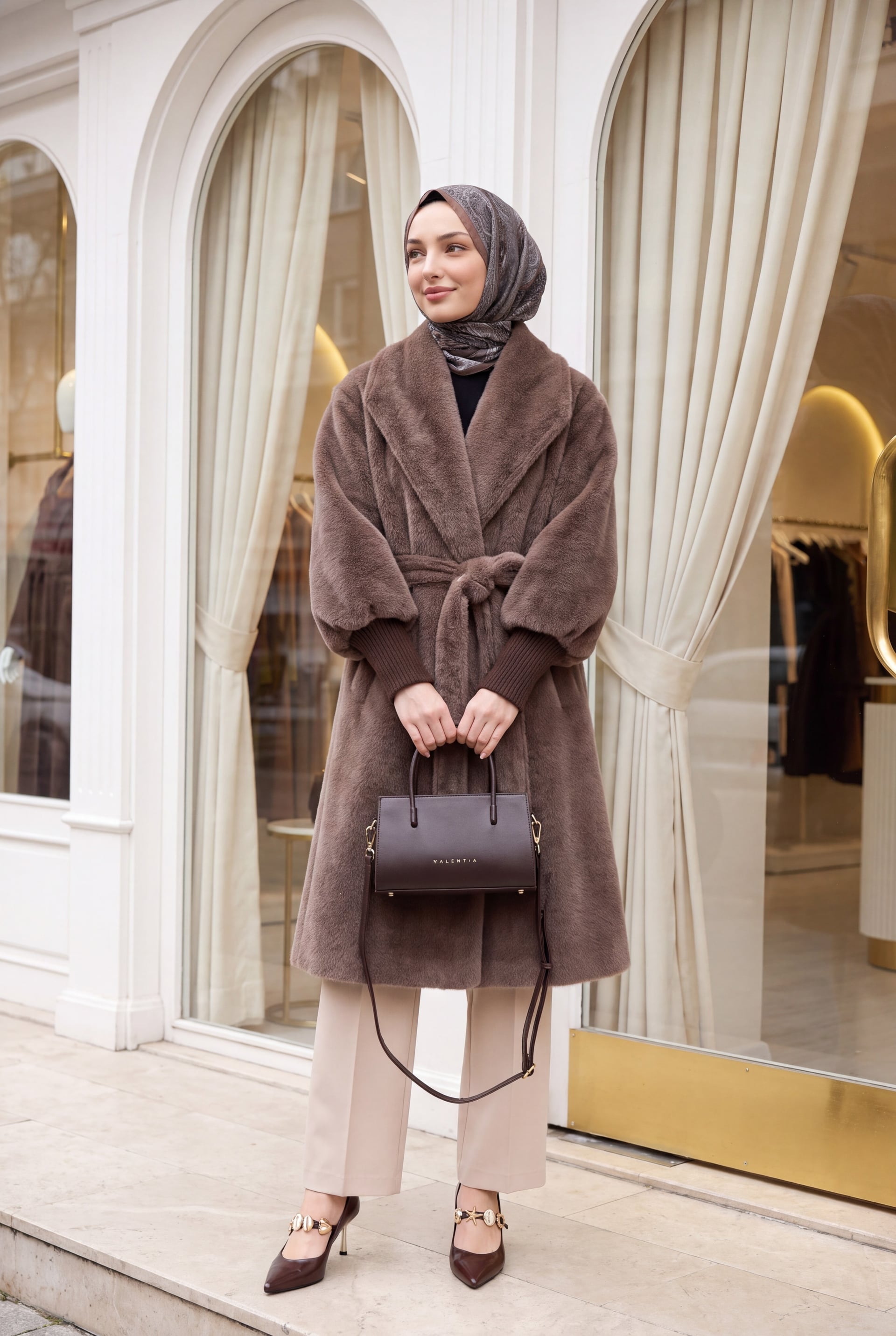 Ribbed Sleeve Shawl Collar Lined Faux Fur Coat - Earth - Podyumplus - by Peralane