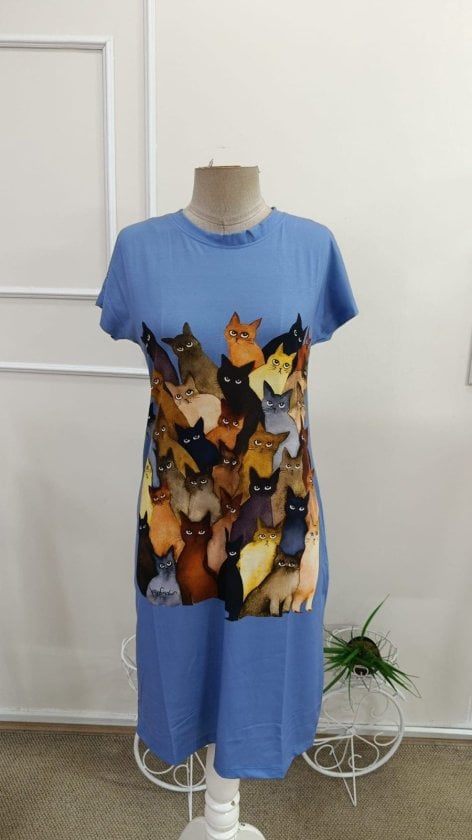 Short Sleeve Crew Neck Cat Print Midi Viscose Dress - Janes - by Peralane - photo 4
