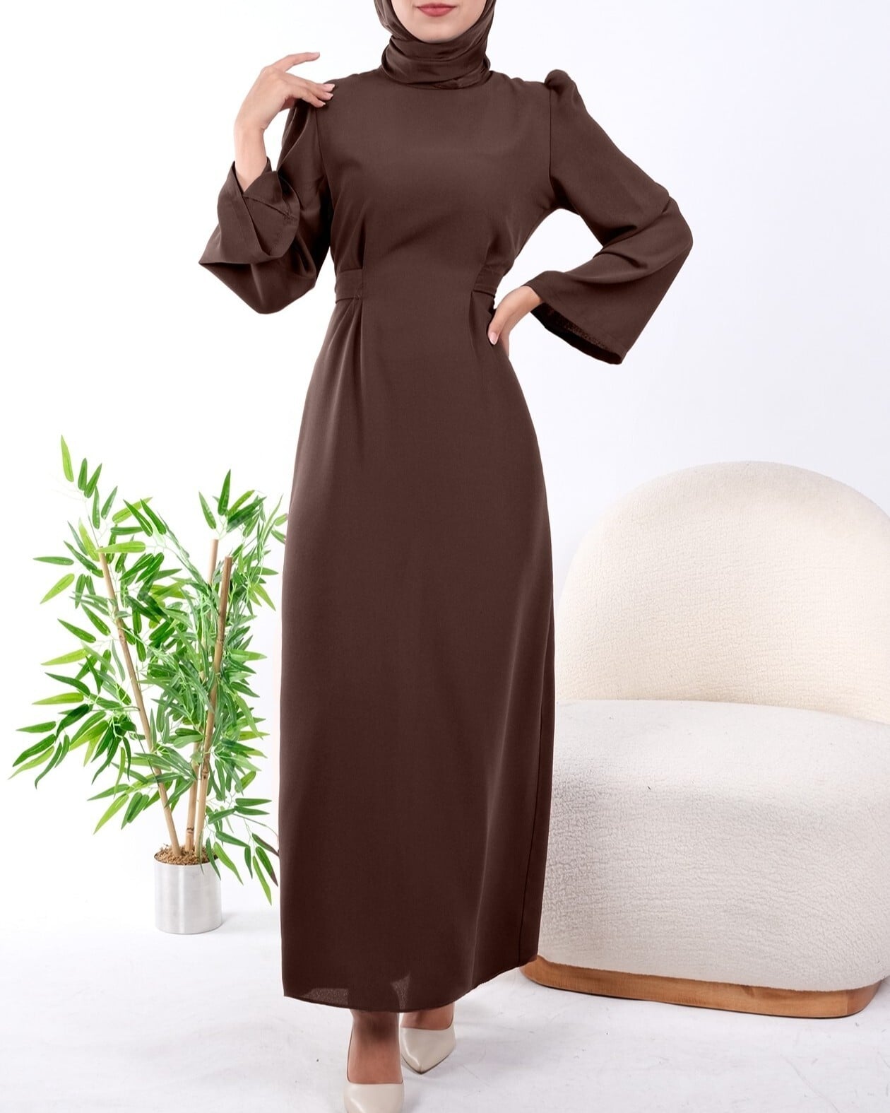 Mandarin Collar Belted Dress - Earth - Podyumplus - by Peralane - photo 3