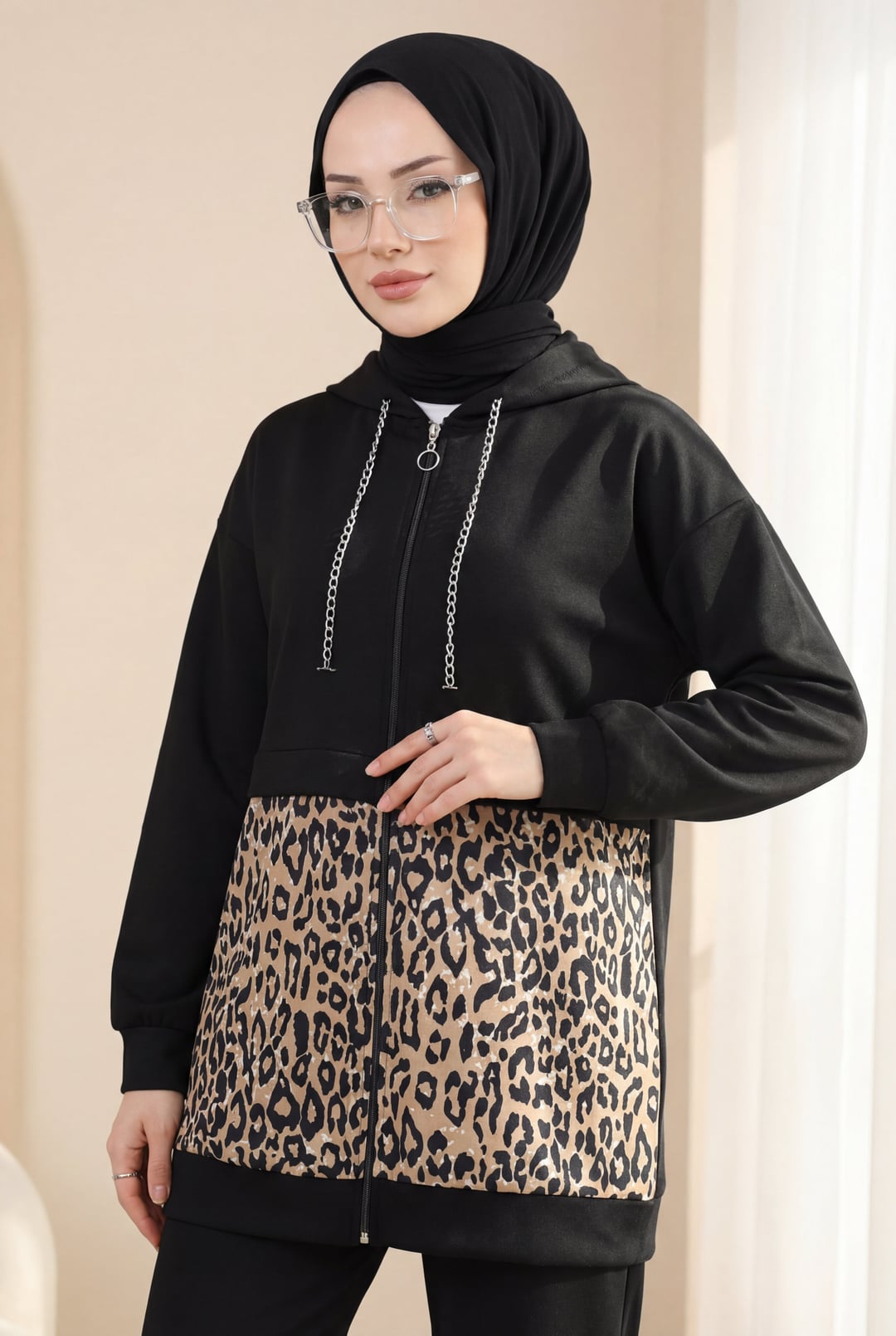 Chain Detail Hooded Leopard Print Scuba Set - Black - Podyumplus - by Peralane - photo 2