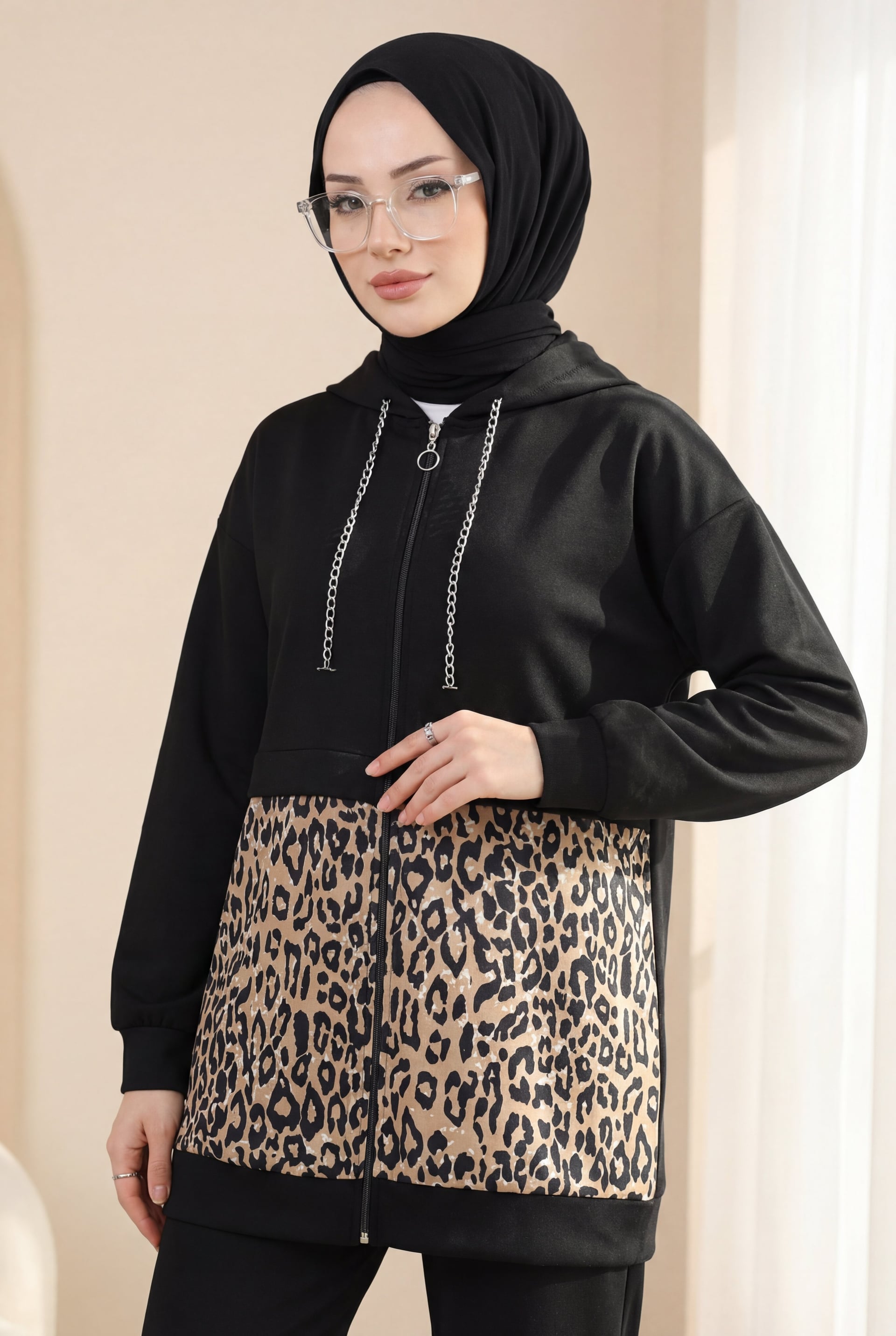 Chain Detail Hooded Leopard Print Scuba Set - Black - Podyumplus - by Peralane - photo 2
