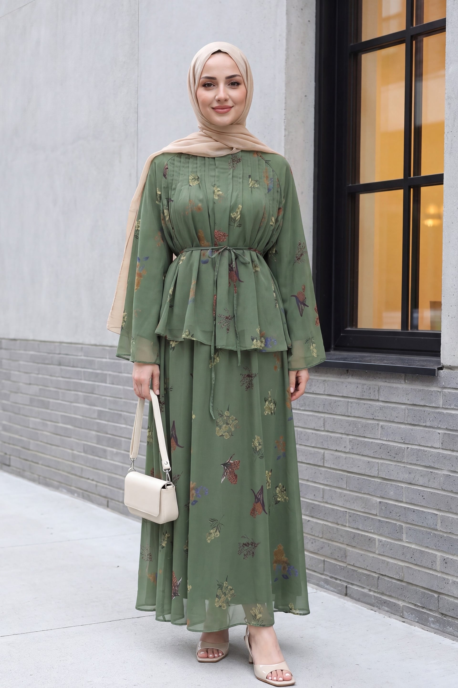 Women's Floral Print Chiffon Co-ord Set with Long Skirt - Olive Green - Podyumplus - by Peralane - photo 2
