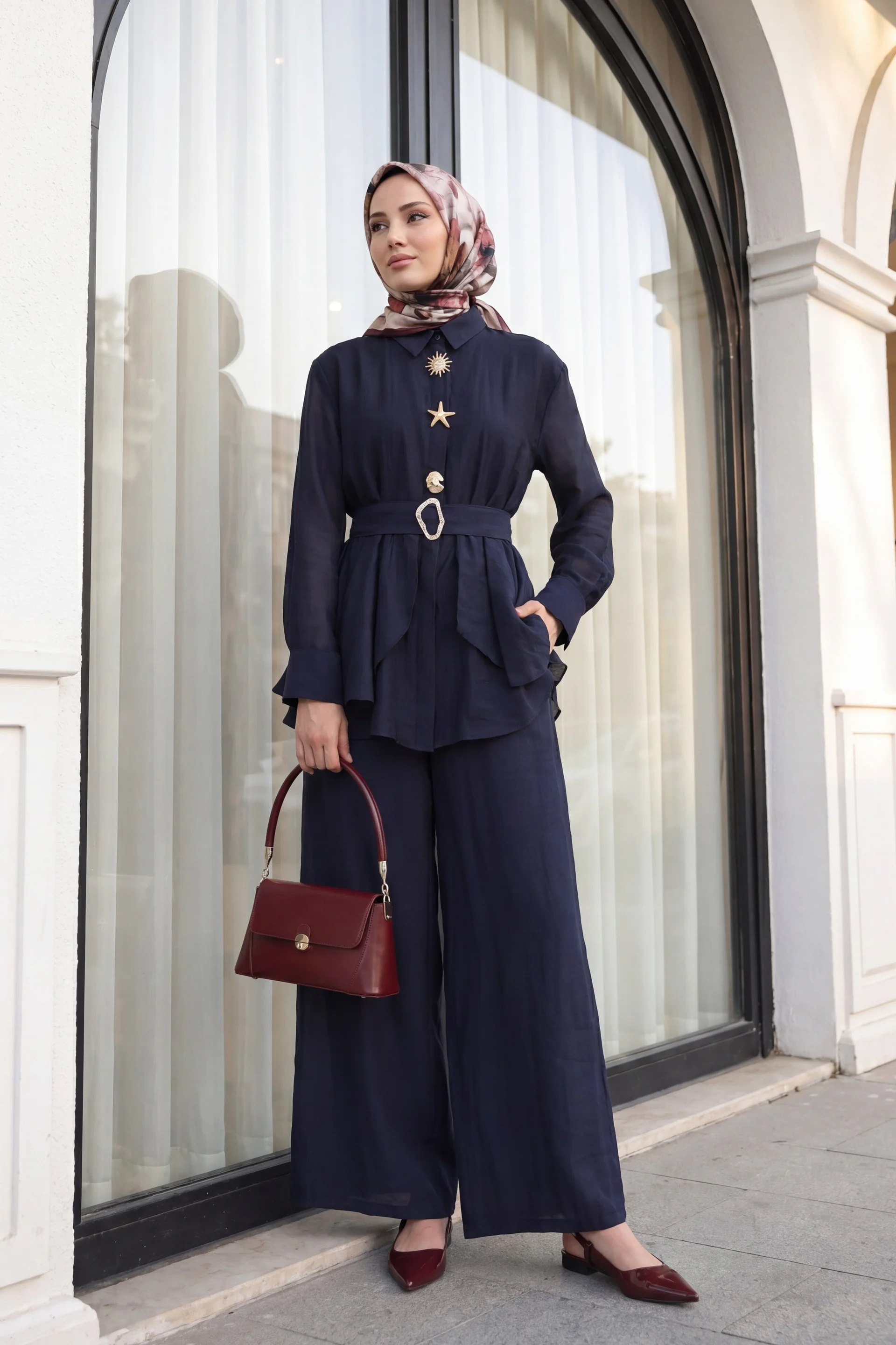 Navy Blue Lined Cupro Blouse and Wide-Leg Trousers Set with Belt - Podyumplus - by Peralane - photo 2